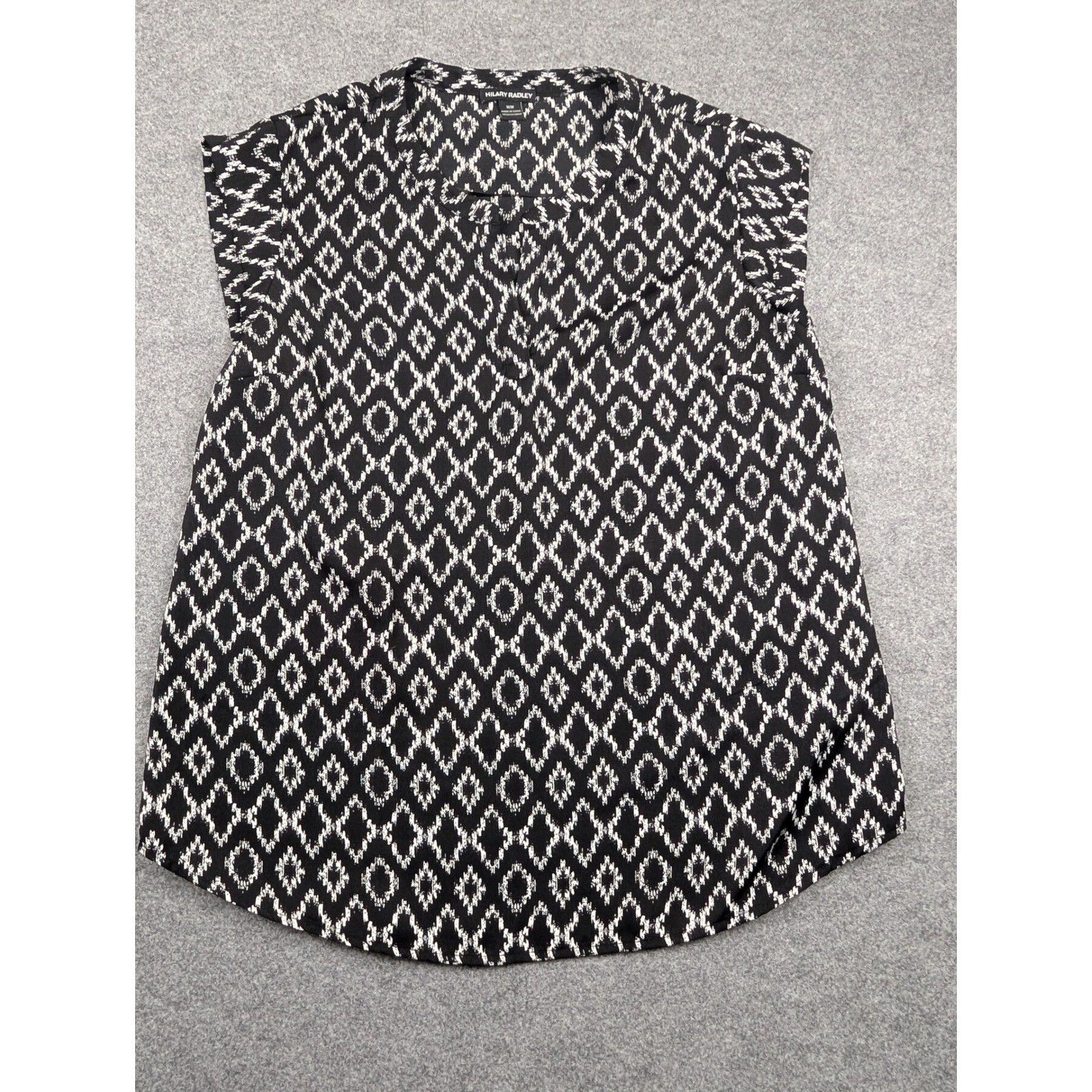 Hilary Radley Womens Black White Ikat Diamond Print Split Neck Blouse Size Med
