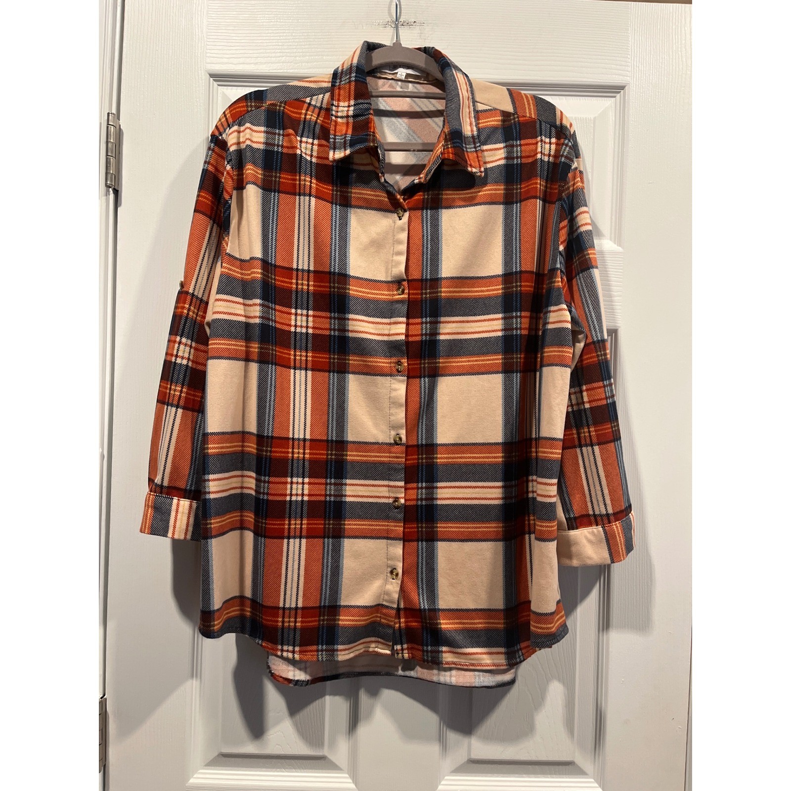 Eden And Olivia Orange Navy Blue Plaid Button Down Shirt Womens Large Size L