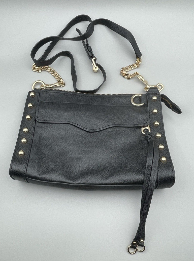 Rebecca Minkoff Women’s M.A.B. Crossbody Gold Studs Pebbled Black Leather Purse