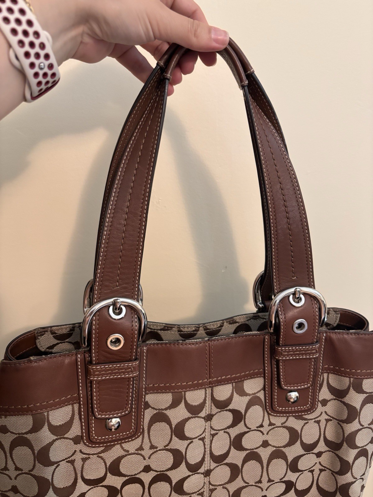 Coach Soho Signature C Monogram Shoulder Bag Brown Leather Trim Pleated