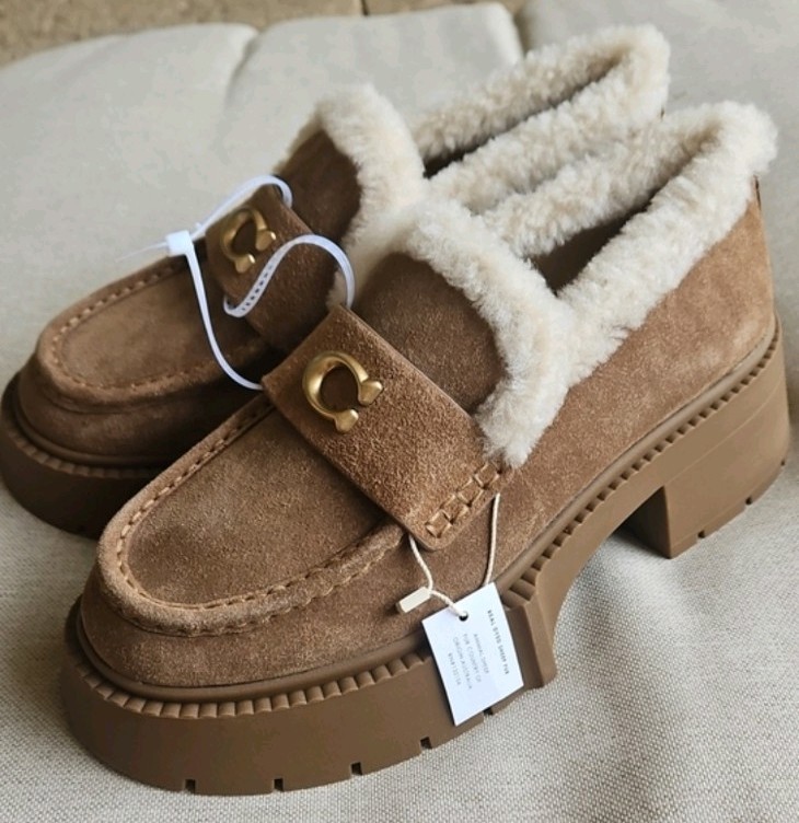 Coach Leah Platform Lug Sole Loafer Suede & Shearling Upper Coconut/Natural, 8.5