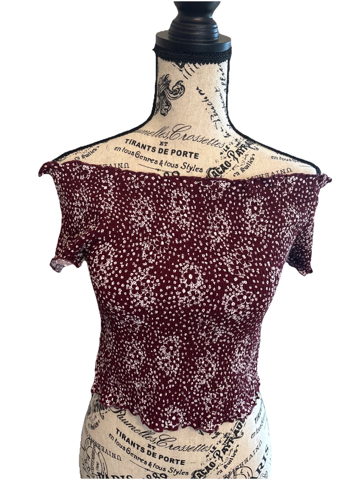 PacSun Burgundy Floral Off-Shoulder Short Sleeve Crop Top Medium Smocking New