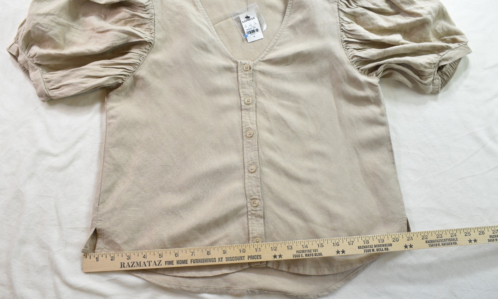 New Express Blouse Tan Linen Balloon Sleeve Shirt V Neck Button Top Boho Women M
