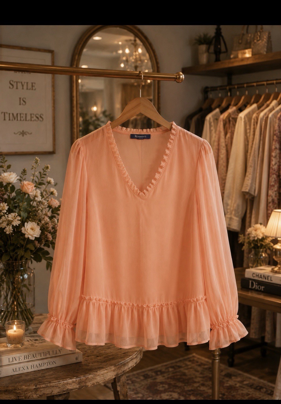 Roaman’s Pink Chiffon Ruffle V-Neck Long Sleeve Sheer Blouse Plus 14W