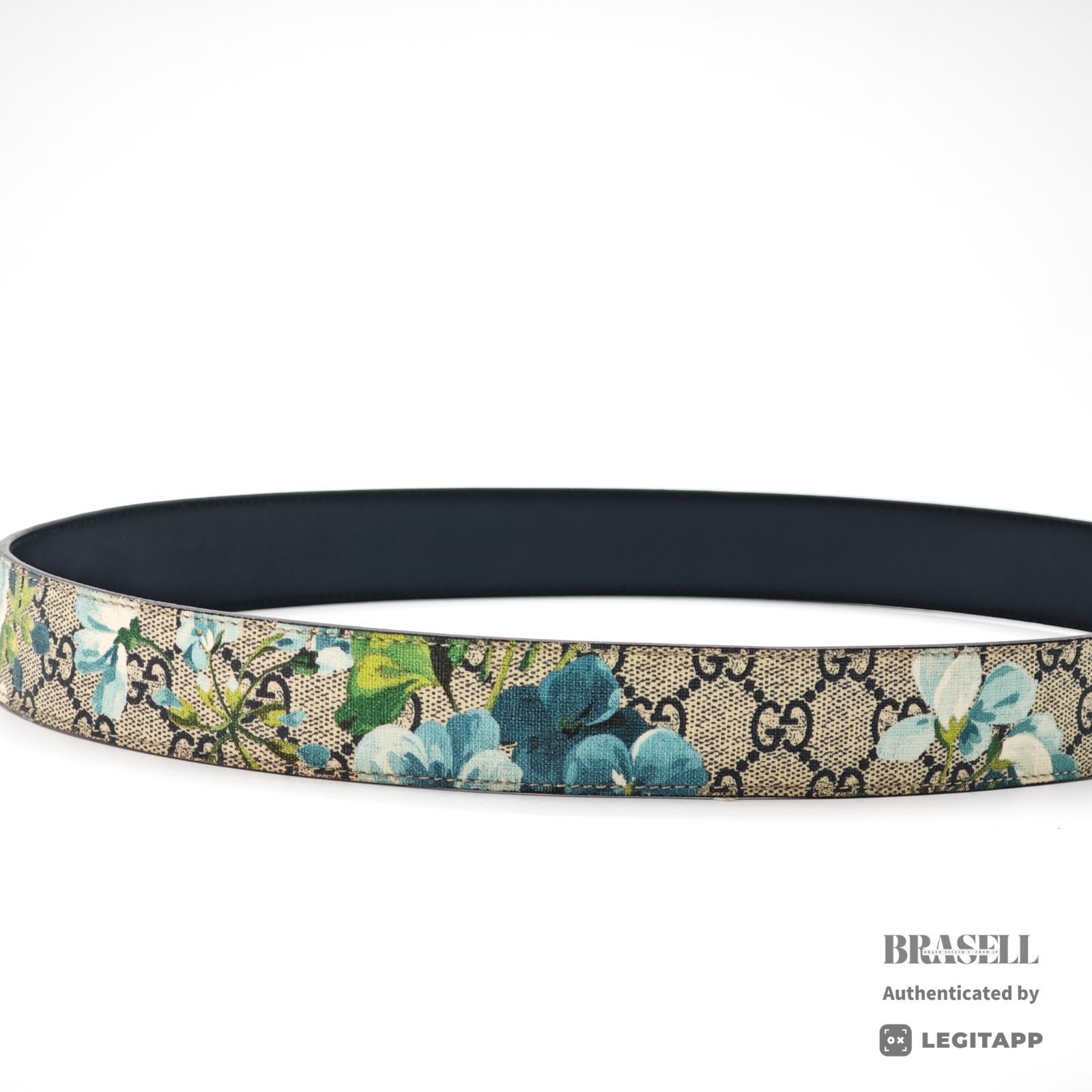 GUCCI GG Supreme Blooms Belt 546375 Floral Navy Leather 【ImportFeeFREE】