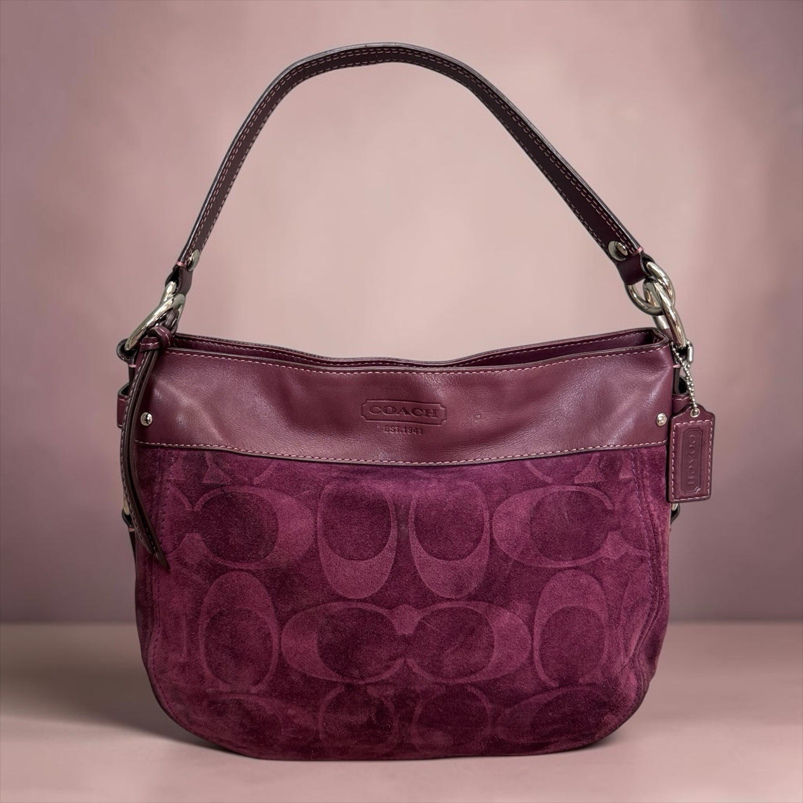 Coach Limited Ed Zoe Purple Suede Signature C Logo Hobo Shoulder Bag F15469
