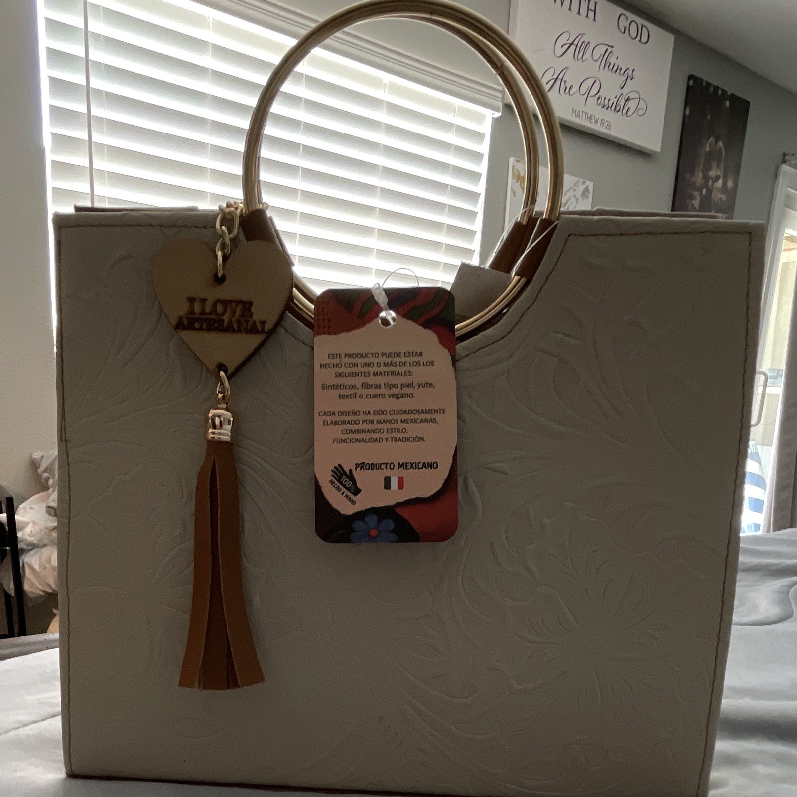 I Love Morelia Beige Embossed Floral Top Handle Satchel Gold Ring Tassel Charm
