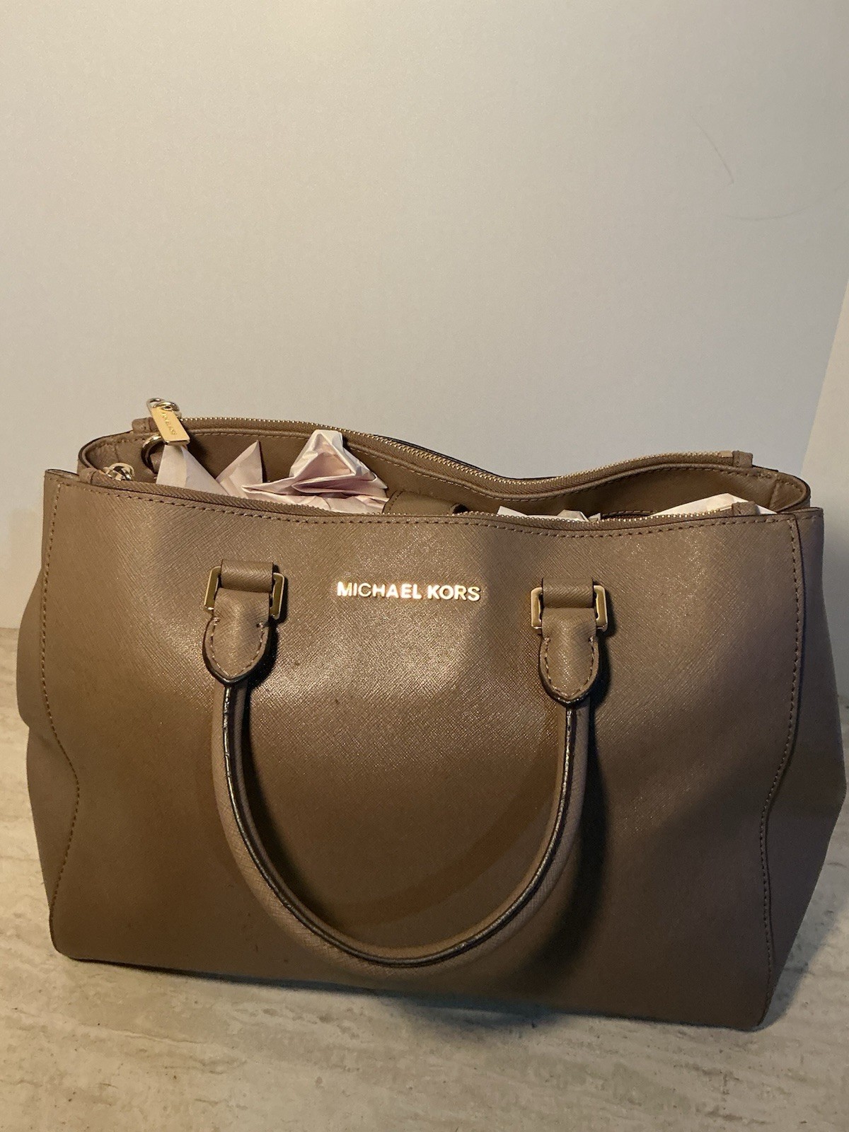 Michael Kors Savannah Large Saffiano Leather Satchel Taupe Crossbody Bag 14”