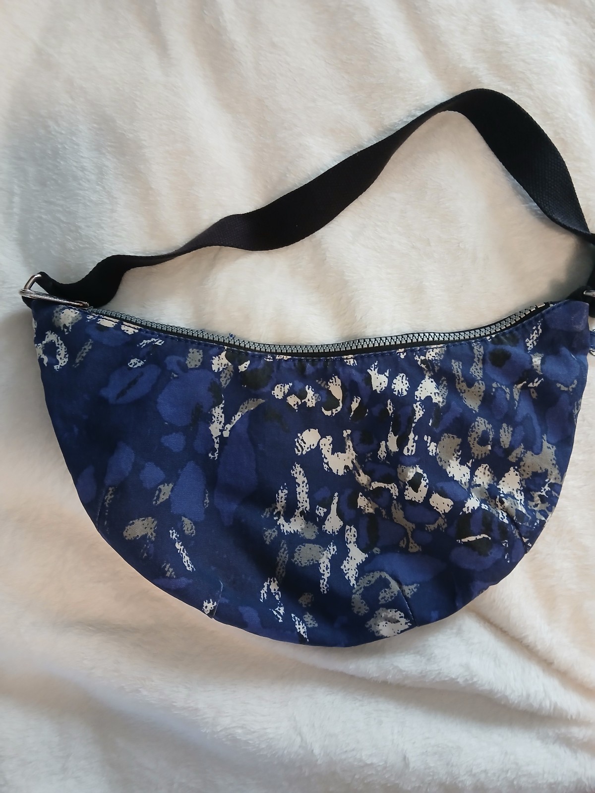 Kipling Blue Black Pattern Shoulder Crescent Bag With Monkey Keychain