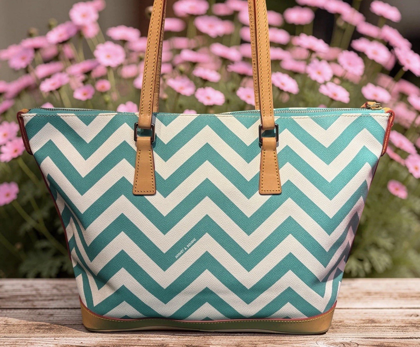Dooney Bourke Turquoise Spearmint Green Chevron Large Shopper Tote Shoulder Bag