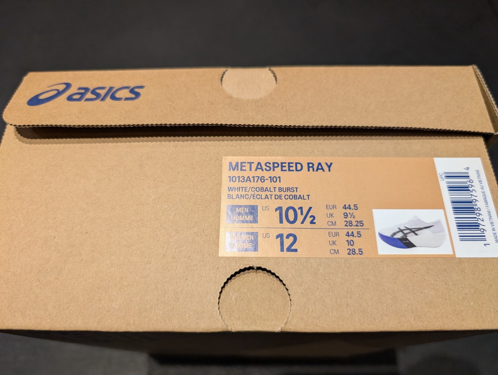 ASICS Metaspeed Ray, Men’s US 10.5, White / Cobalt Burst, 1013A176-101