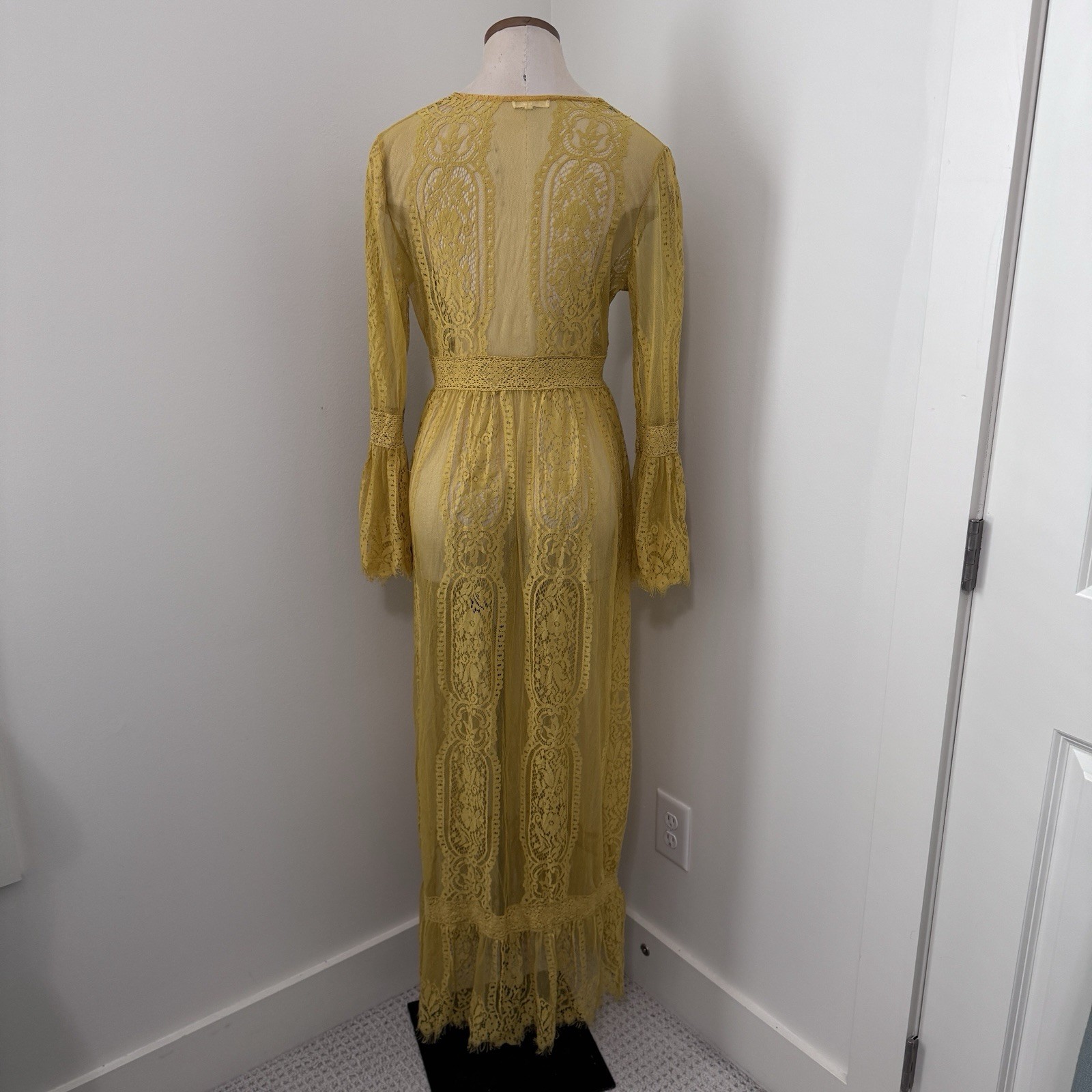 Medium Golden Mustard Yellow Sheer Lace Kimono Duster Long Bell Sleeves Boho