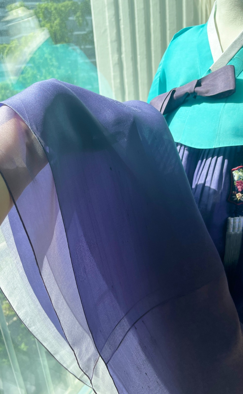 Premium Silk Traditional Korean Hanbok Dress–Mint & Purple / Petticoat /Hand bag