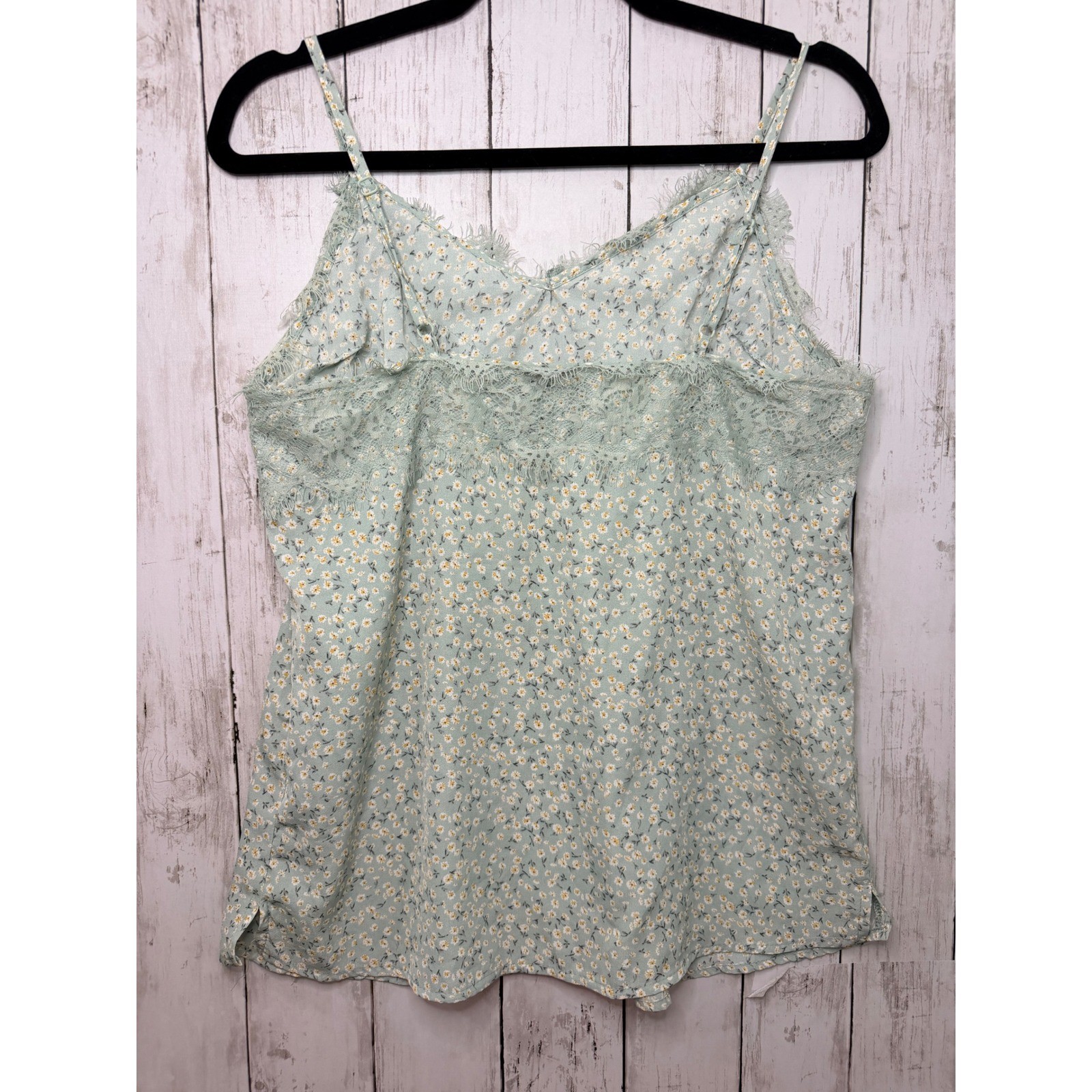 Papaya Sage Green Floral Daisy Lace Trim Camisole Top Large Adjustable Straps
