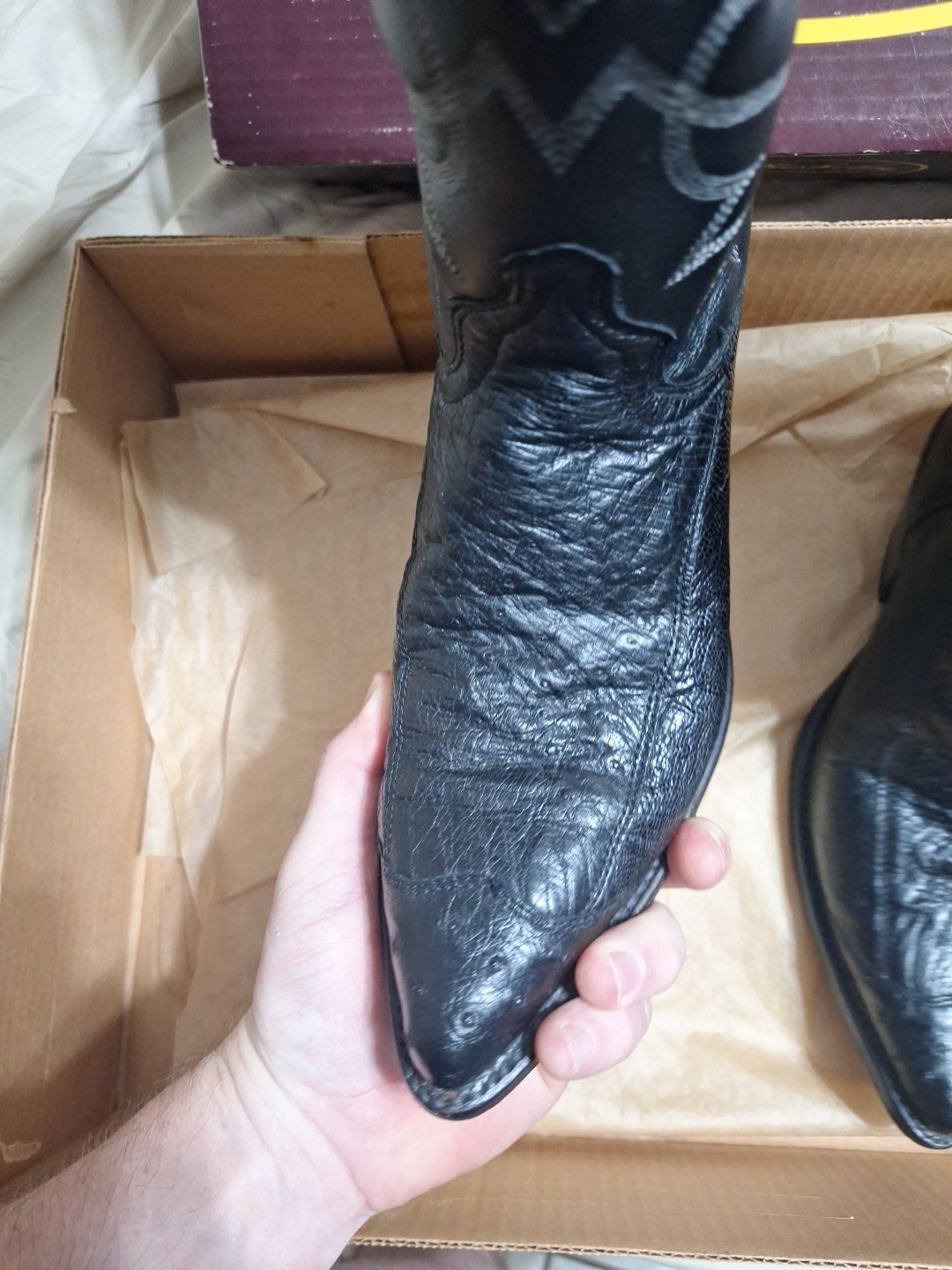J Chisholm Cowboy Boots 8D, Exotic Ostrich Leg Leather, Excellent. Handmade USA