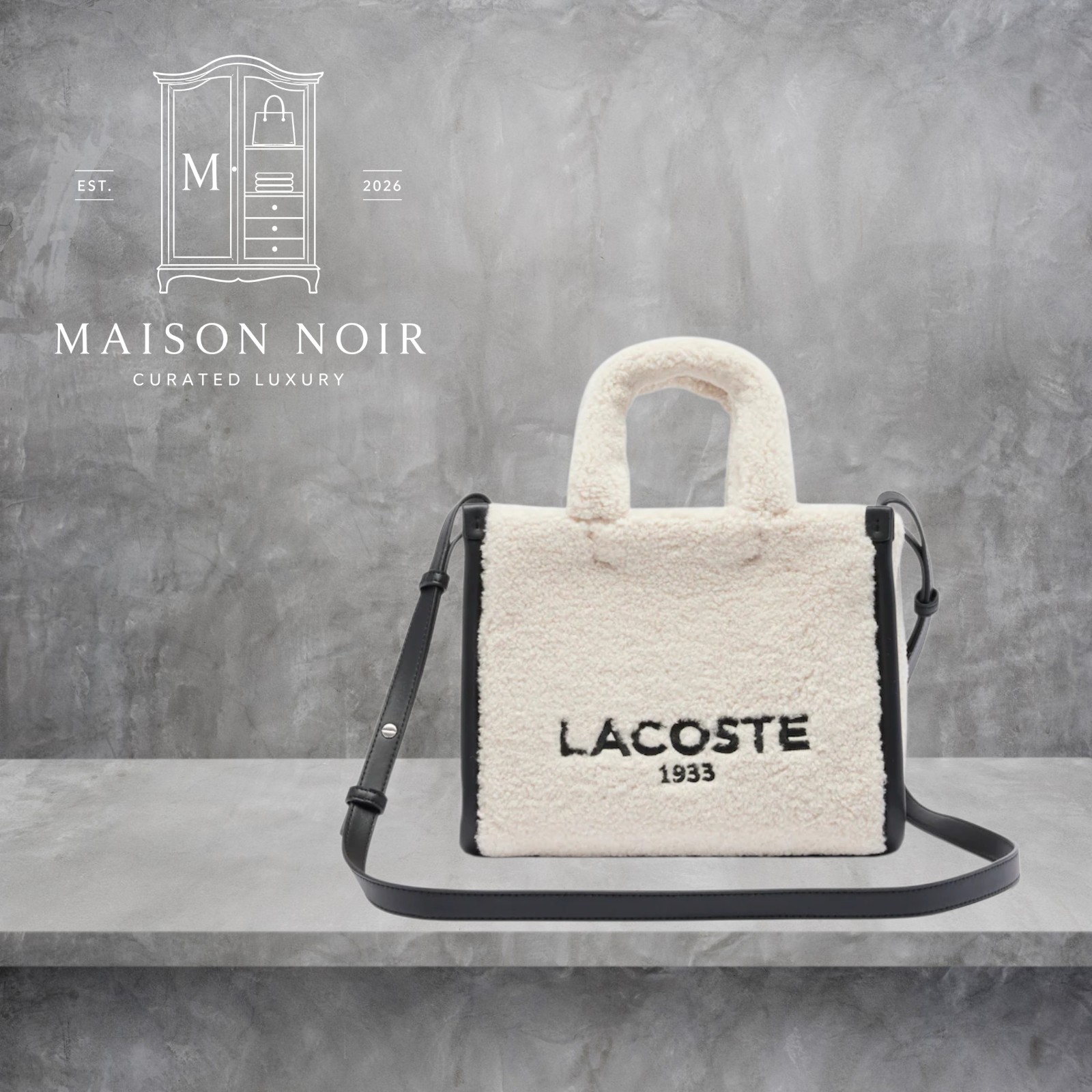 Lacoste Woman’s 1933 Sherpa Teddy Tote Crossbody Bag Cream Ivory Black Logo