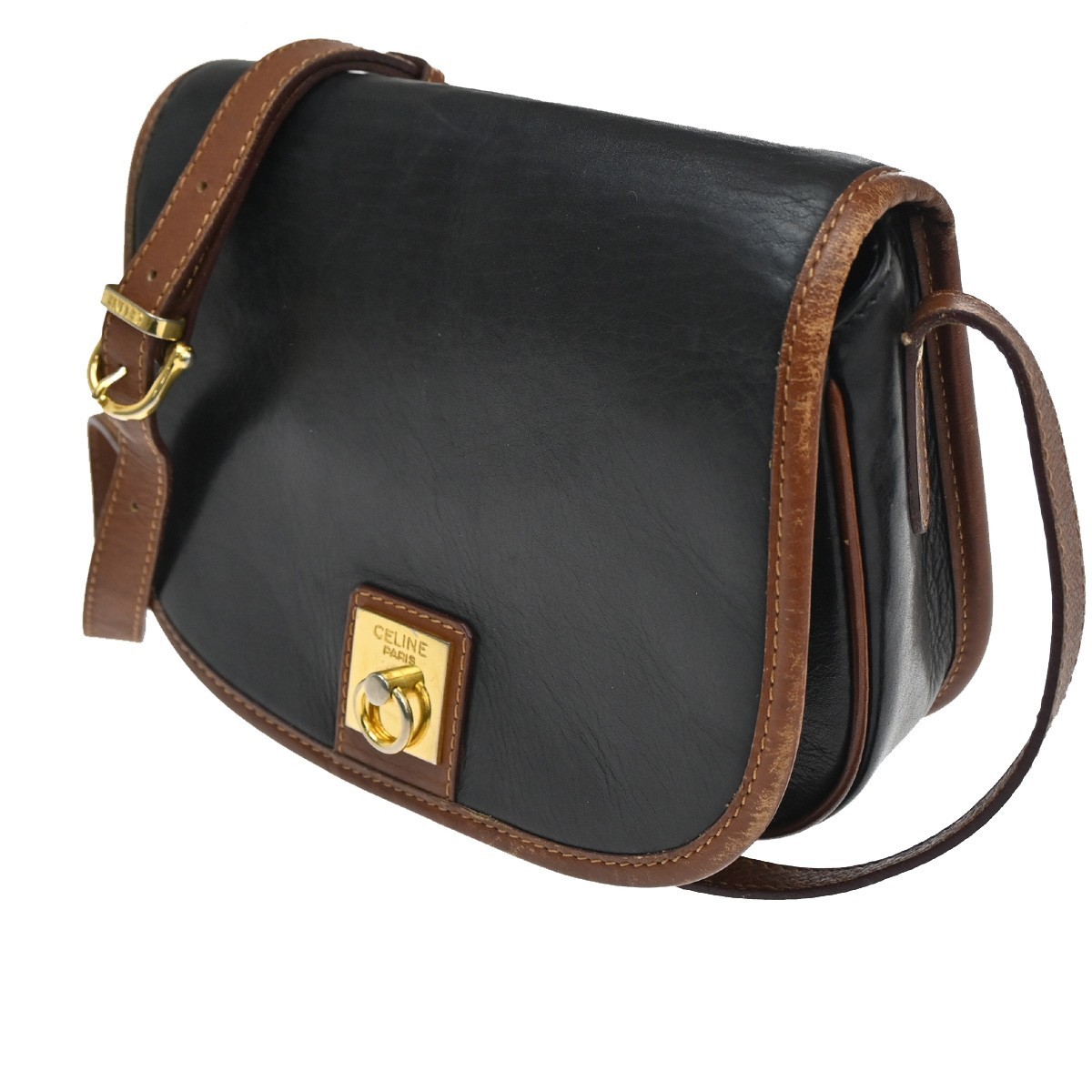 CELINE Ring Logo Shoulder Bag Leather Black Italy GHW 67CA399