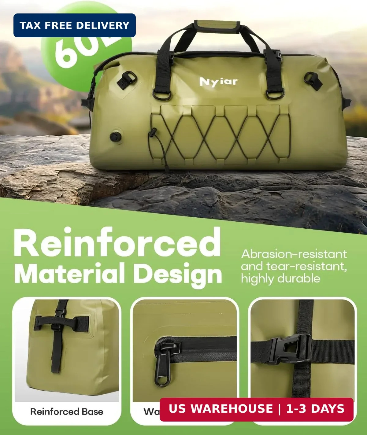 60L Waterproof Duffel Bag Motorcycle Dry Bag Backpack, Heavy-Duty Roll-Top Water