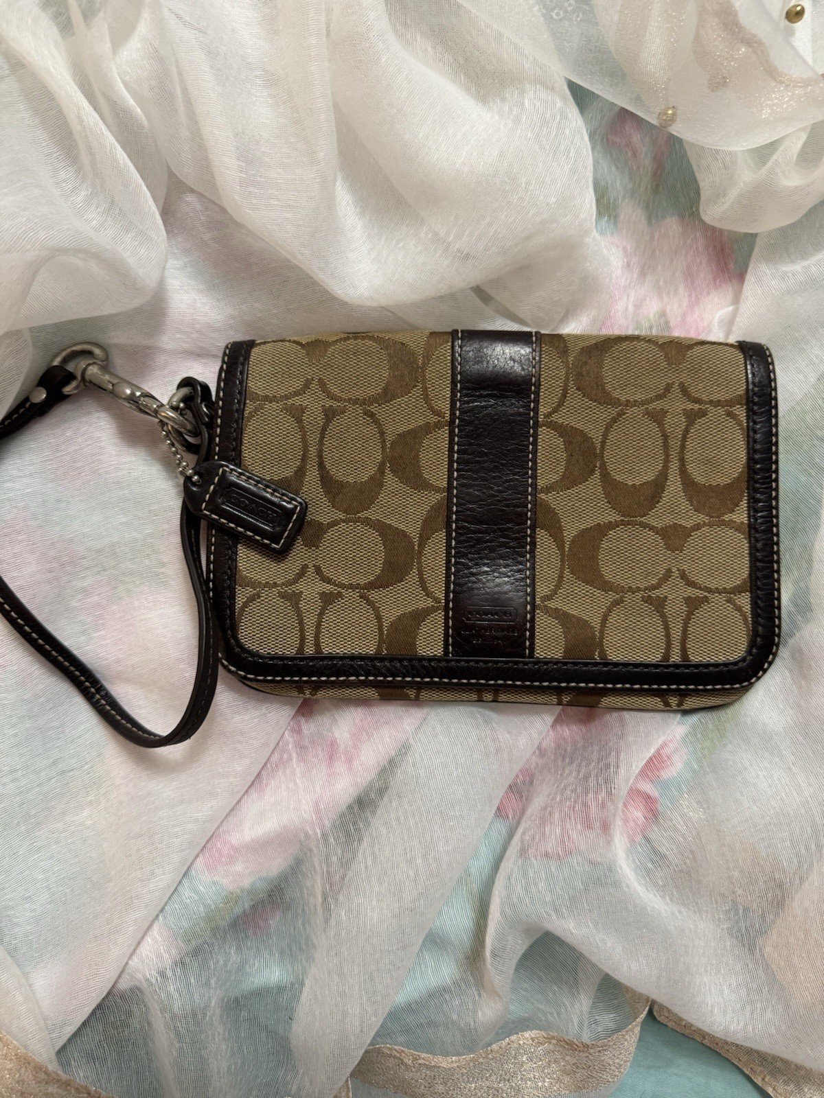 COACH Purse Wristlet Clutch Deep Brown Canvas CC Monogram Small New