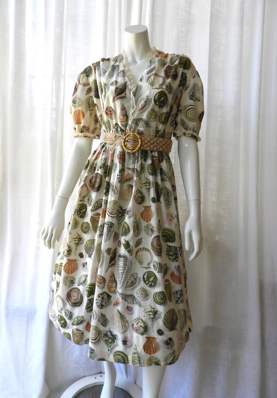 Vtg 1950’s Cotton Sea Shell SS Dress Homemade Fit n Flare sz M/L