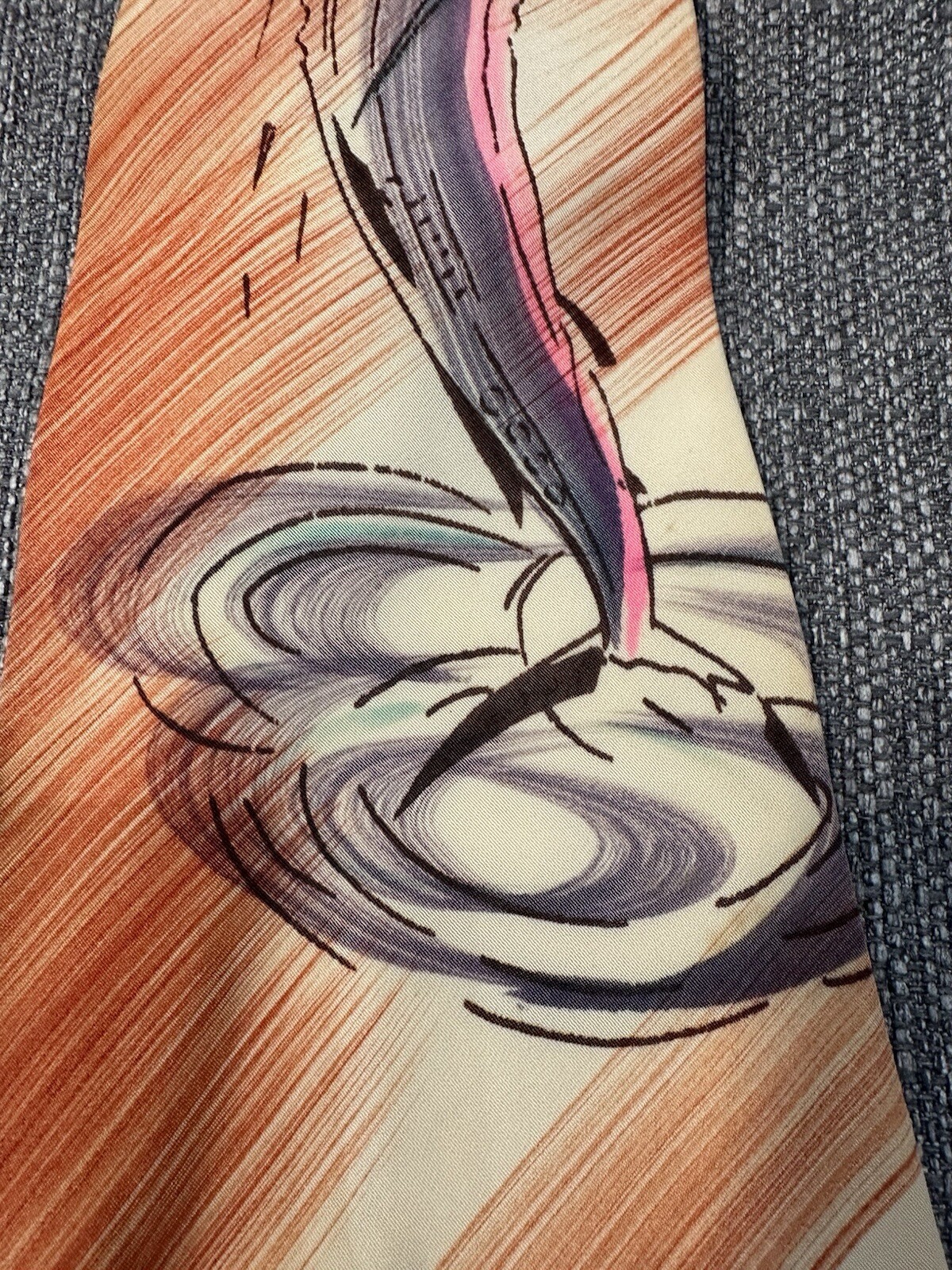 Vintage Tie Hand Painted Art Deco Brush Strokes Orange Fish Nautical Rockabilly