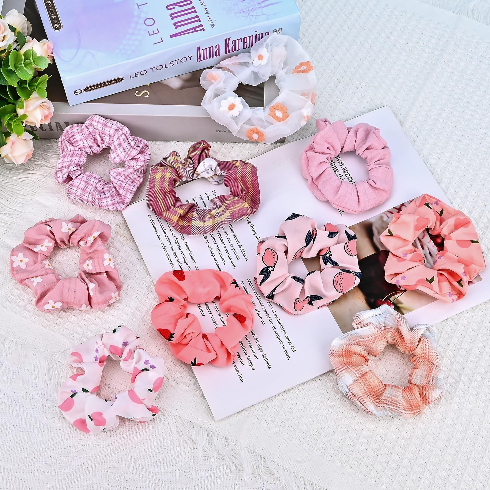 10-Piece Flower Fruits Solid Colorful Scrunchies for Women Girls, No Damage E…