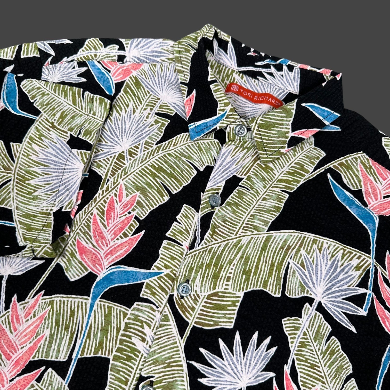 Tori Richard Shirt Mens Small Black Cotton Pucker Lawn Seersucker-Like Tropical