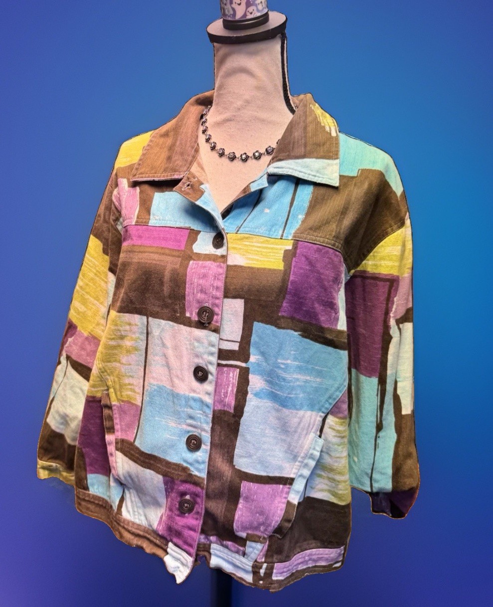 Vintage Color block Purple brown Structured Button Jacket Retro Artsy Boho sz 1X