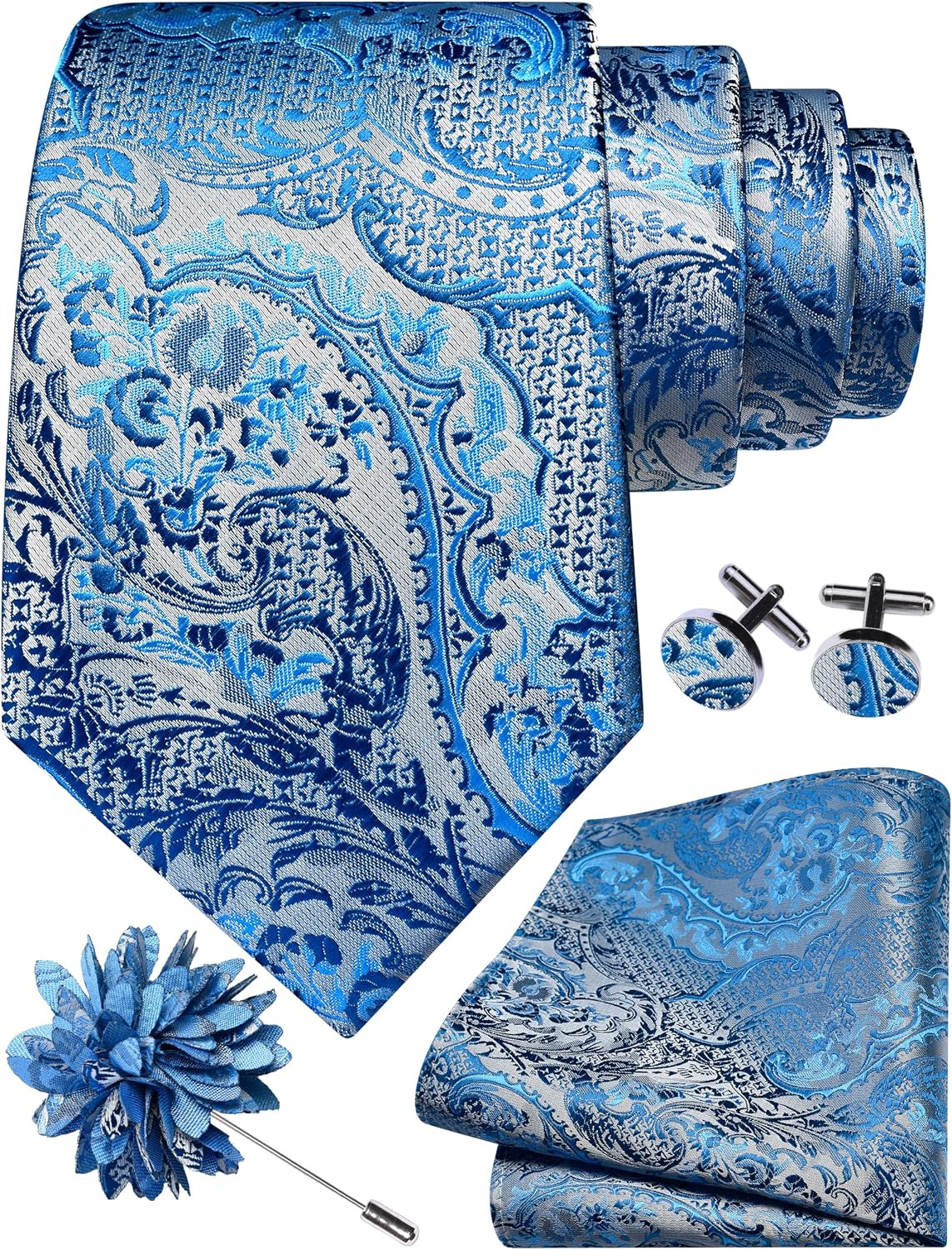 8cm Paisley Tie Set for Men Necktie Lapel Pin Pocket Square Cufflinks Set for Me