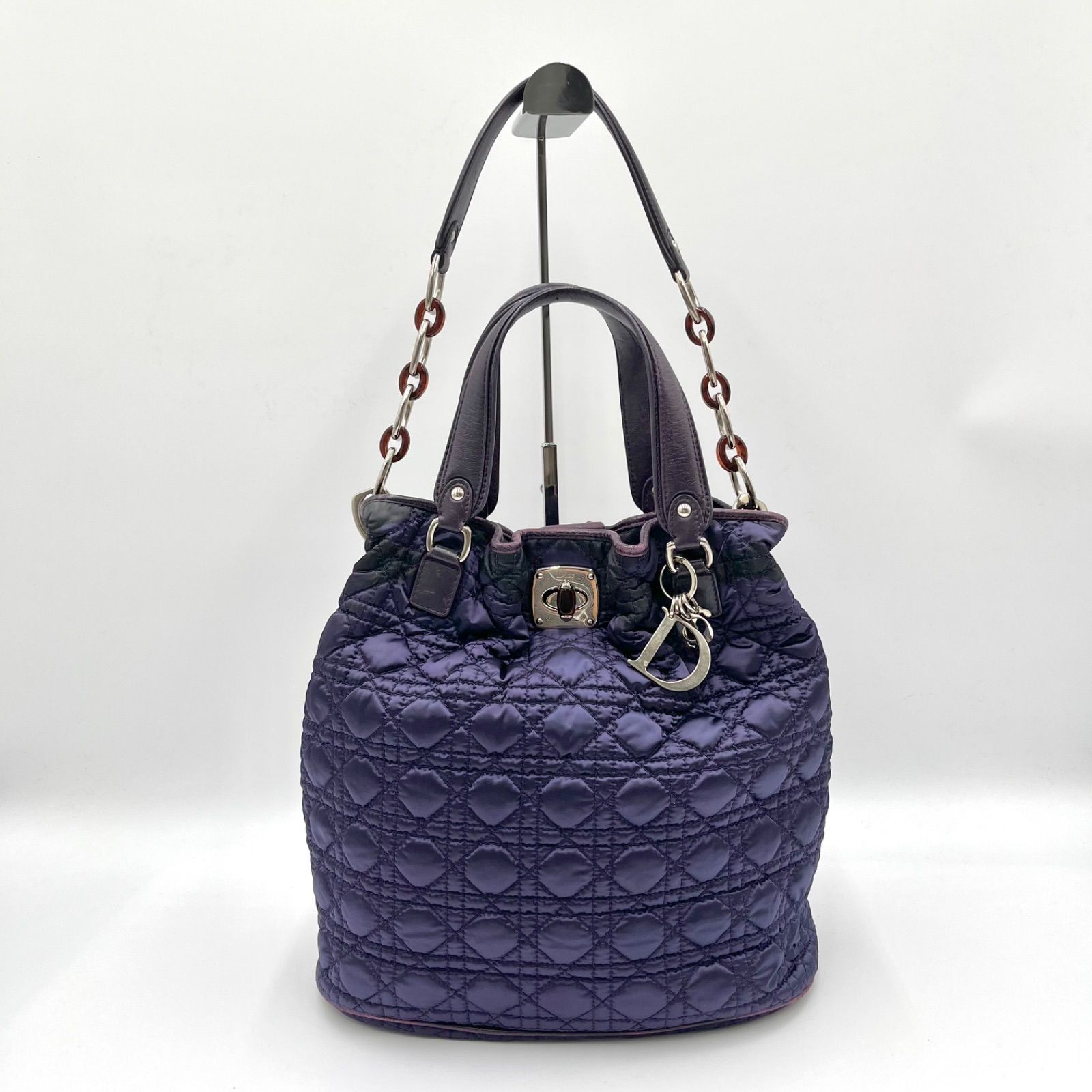 Auth Christian Dior Cannage Nylon Tote Bag and Shoulder Bag, Purple 2Y9816