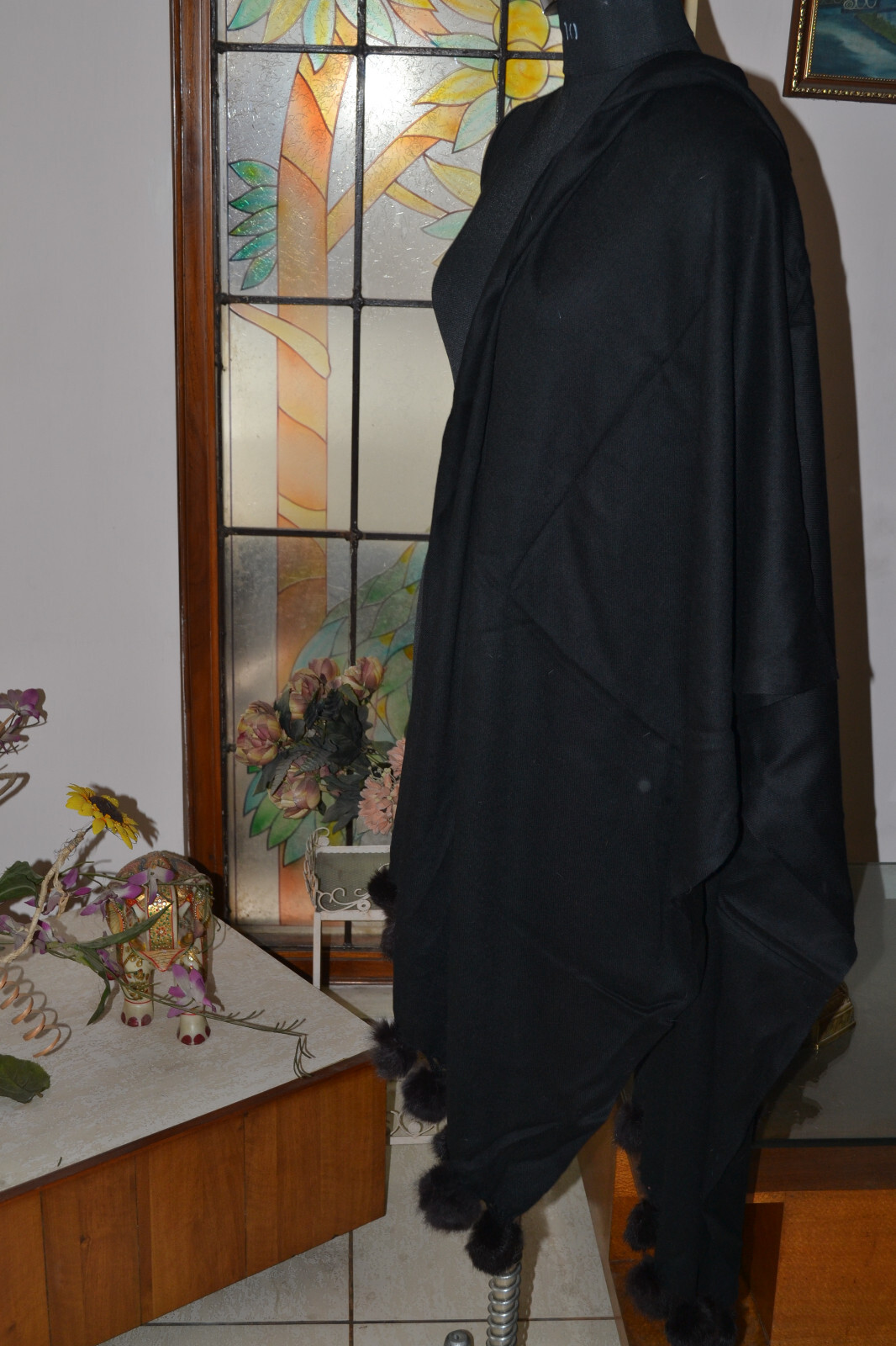 BLACK PLAIN Pashmina 100% Cashmere 75×200 Shawl w MINK tassels, 9 COLOR CHOICE