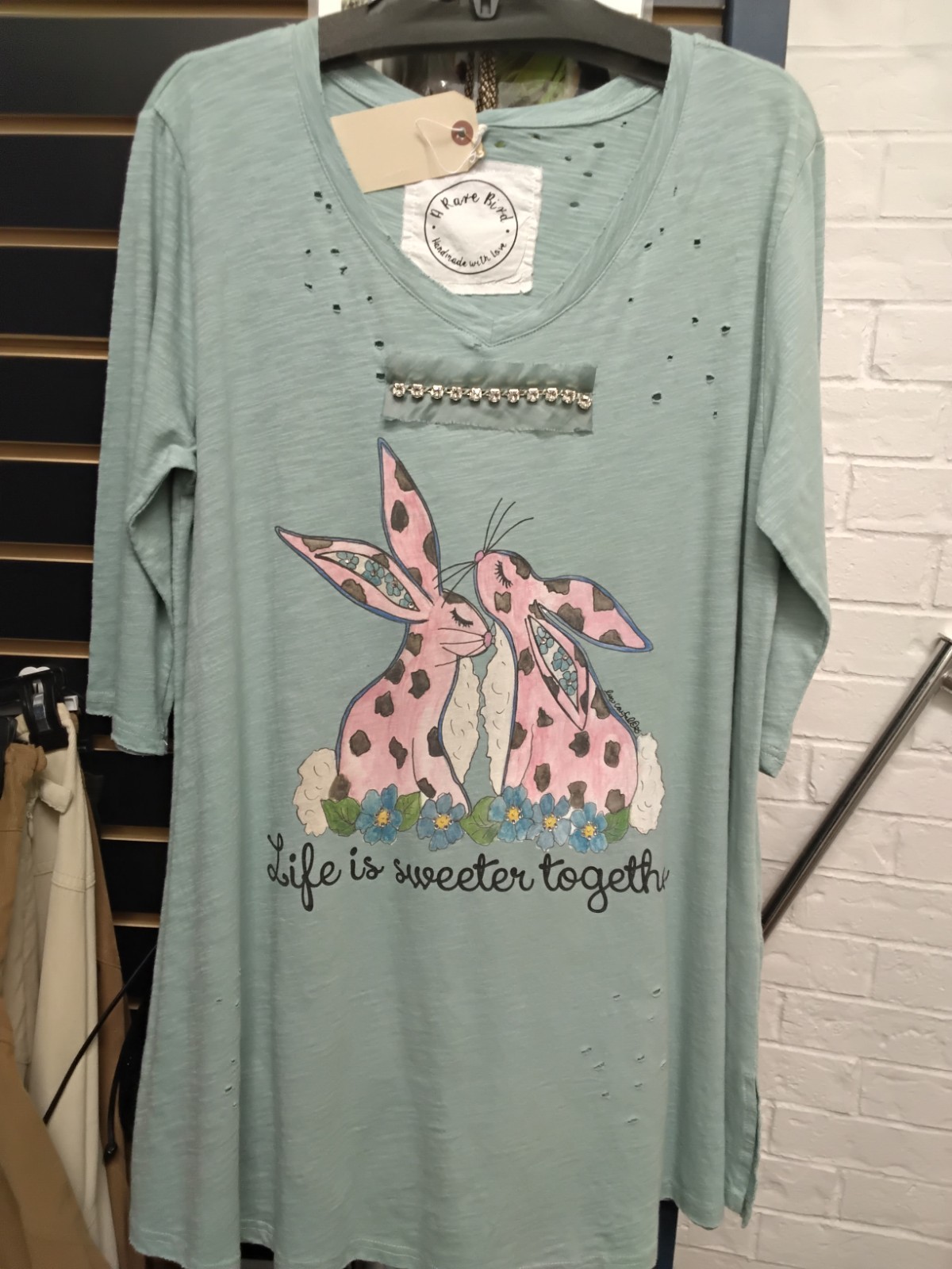 NWT A Rare Bird Life Is Sweeter Together Bunny Tattered Tee – L/XL