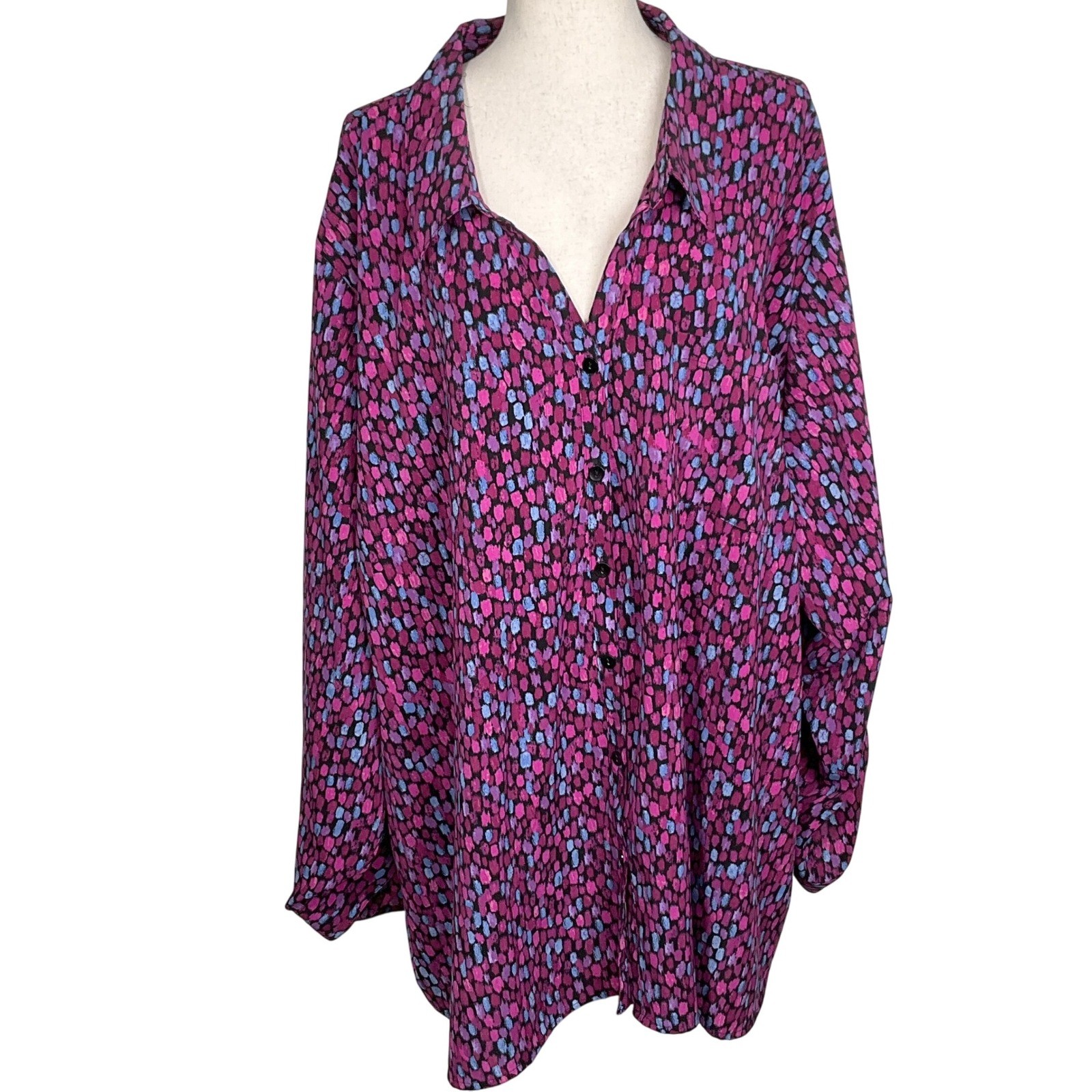 Catherines Blouse Women 5X 34/36W Purple Blue Long Sleeve Collar Tunic Boho