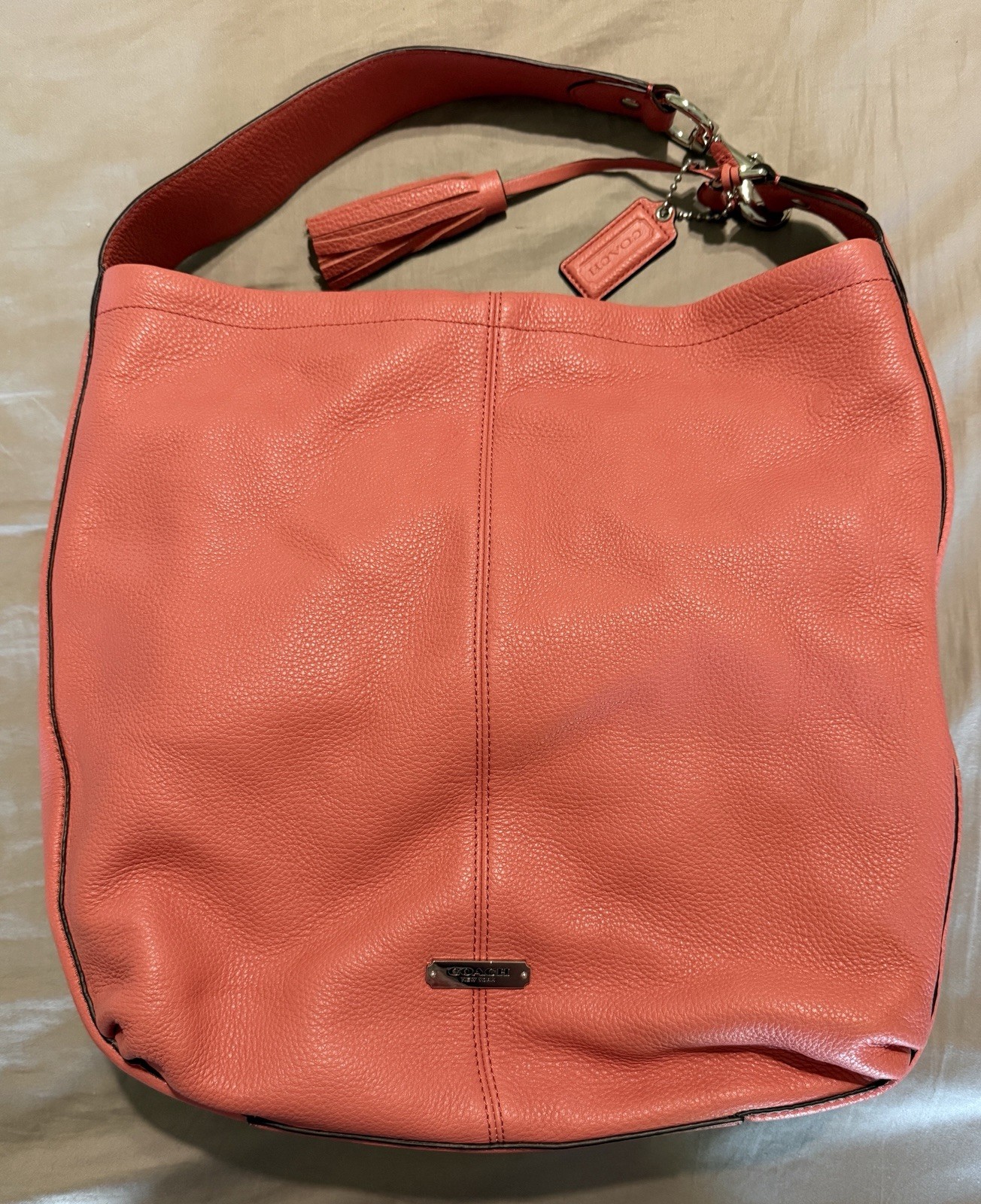 Authentic Coach Avery Pebbled Leather Hobo Bag, F23309, Coral/Sienna, Pre-Owned