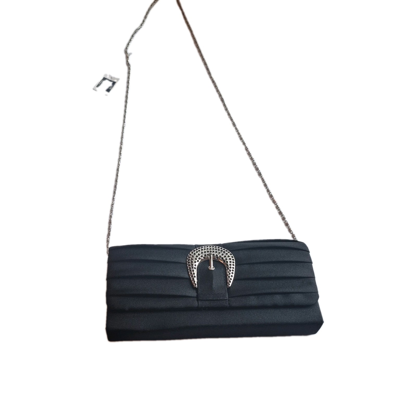 Bijoux Terner Women’s Black Pleated Clutch, Rhinestone, Chain Strap, Magnetic