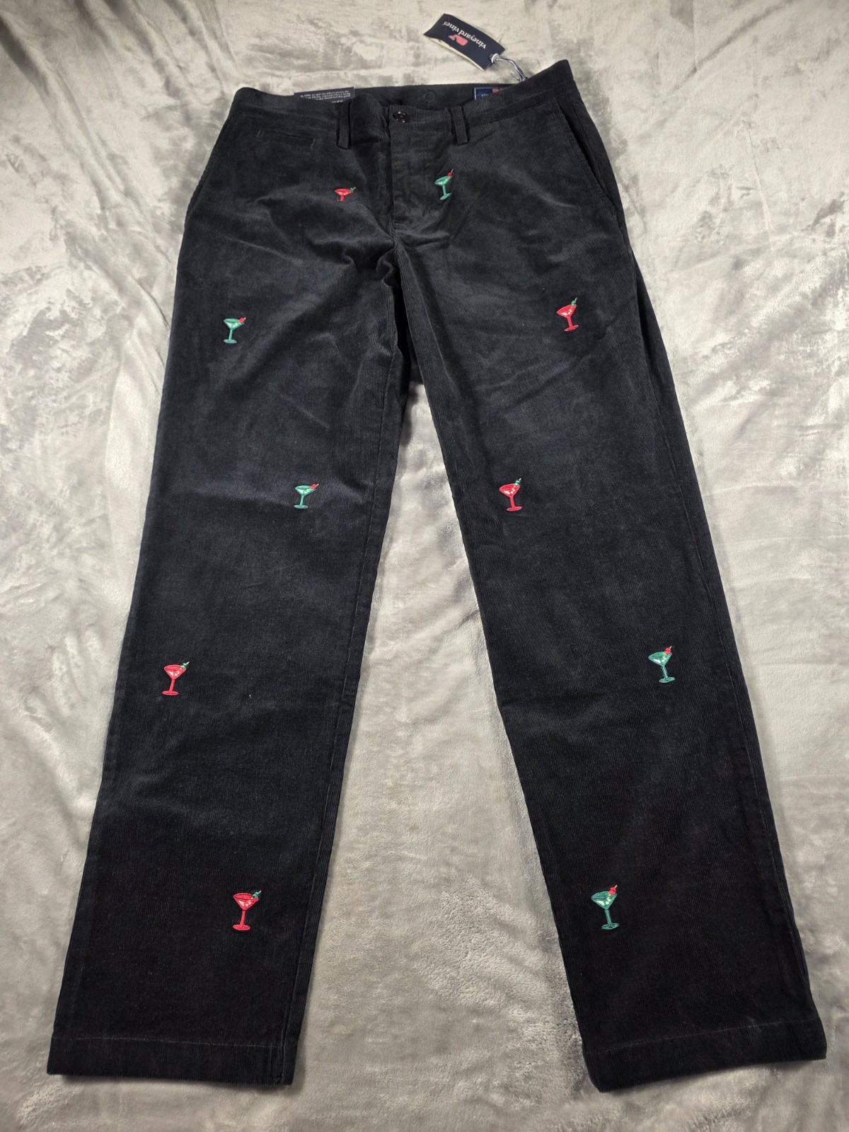 NWT Vineyard Vines Stretch Corduroy Pants 32×32 Black Embroidered Martini Print