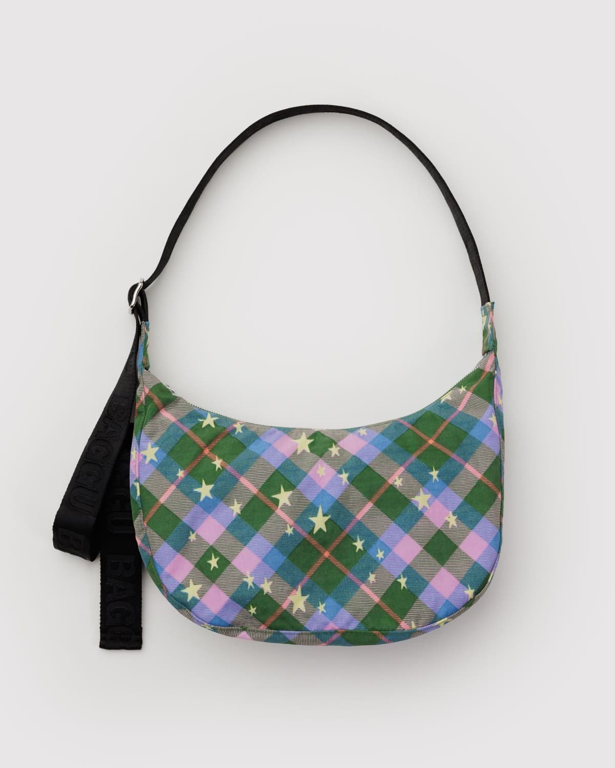 NWT Baggu Medium Nylon Crescent Crossbody Bag Green Star Plaid New With Tag