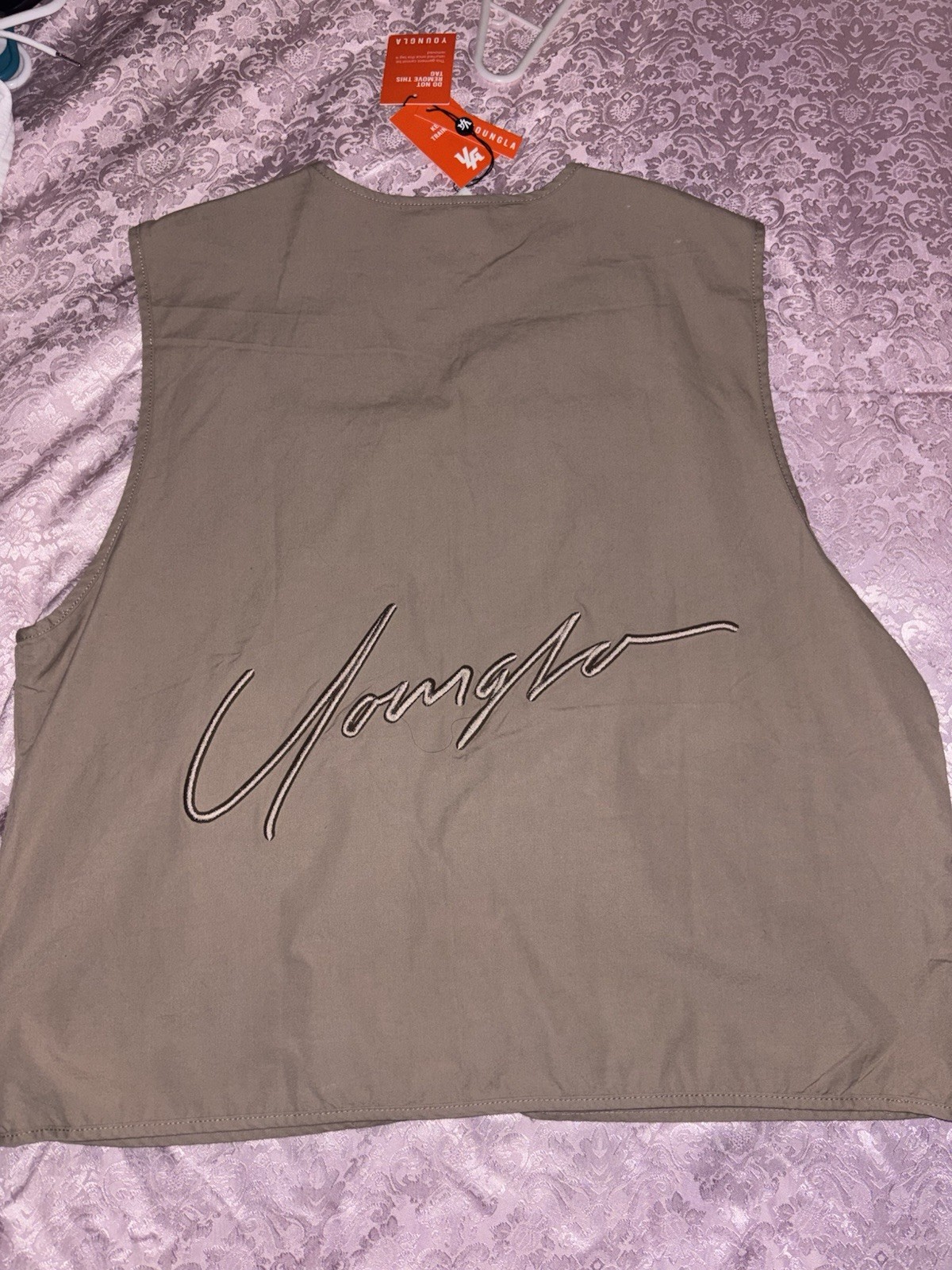 YoungLA Men’s Beige Utility Vest XL Multi Pocket Zip & Buckle V-Neck