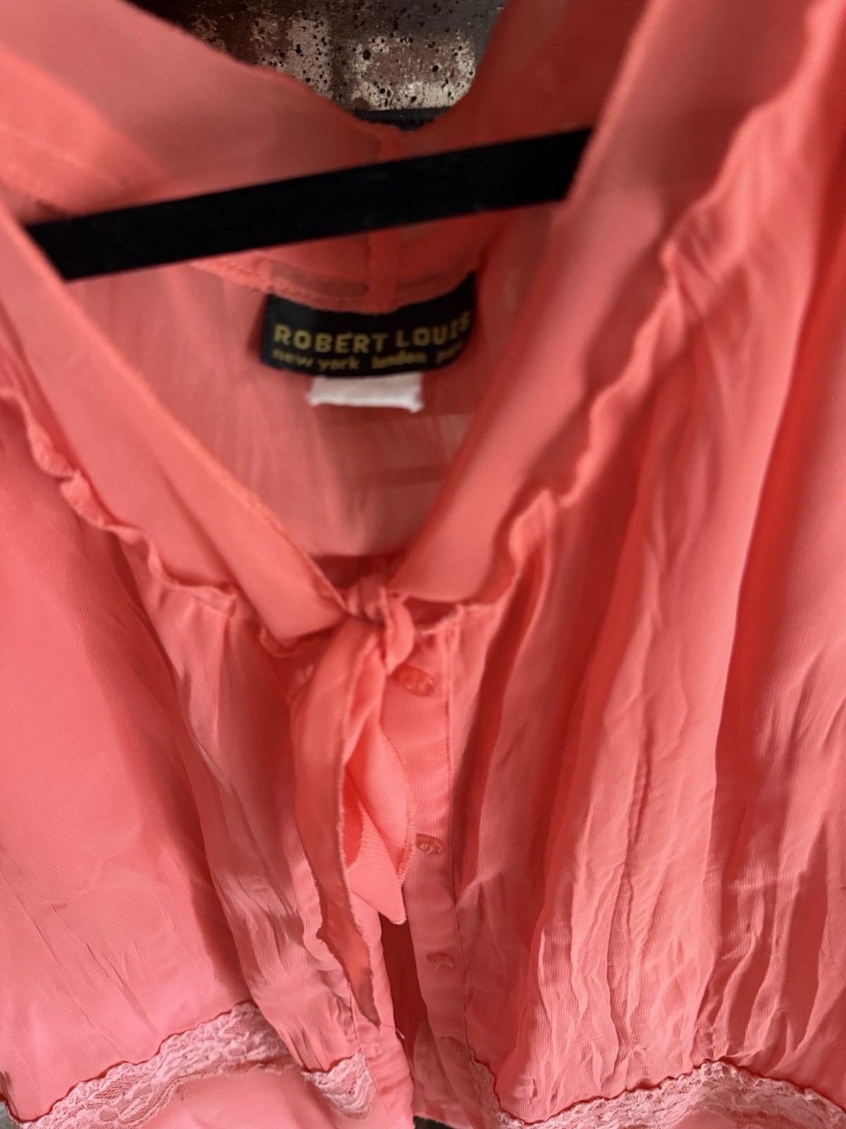 Robert Louis Pink L Boat Neck Short Sleeve Lace Ruffle Sheer Button Blouse