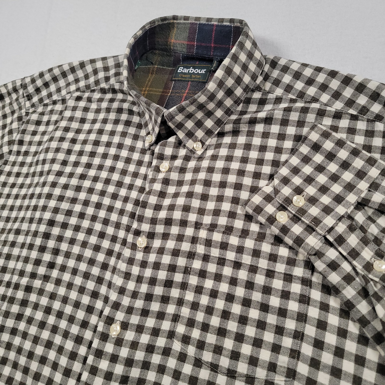 Barbour Monty Shirt Mens Large Brown Gingham Check Cotton Classic Tartan