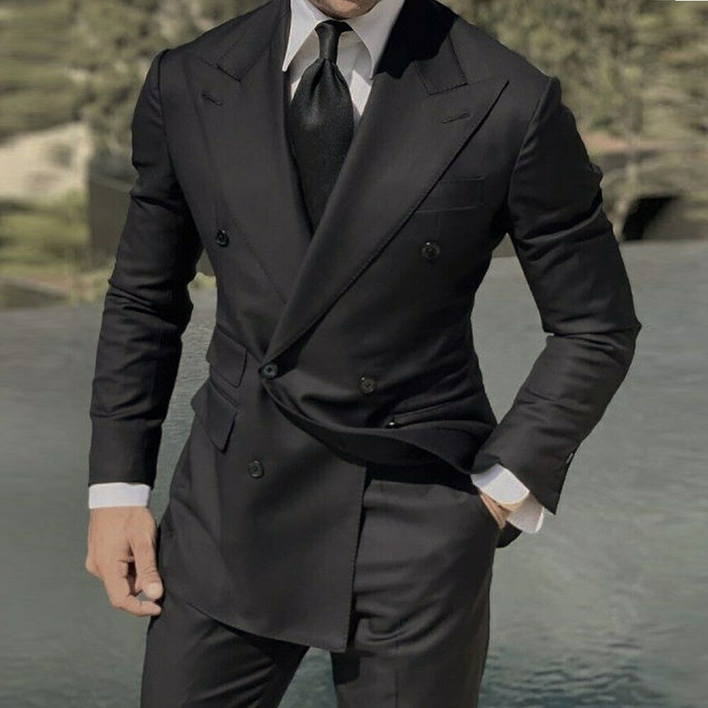 Business Men Suits Peak Lapel Double Breasted Blazer Wedding Groom Tuxedos 2Pcs