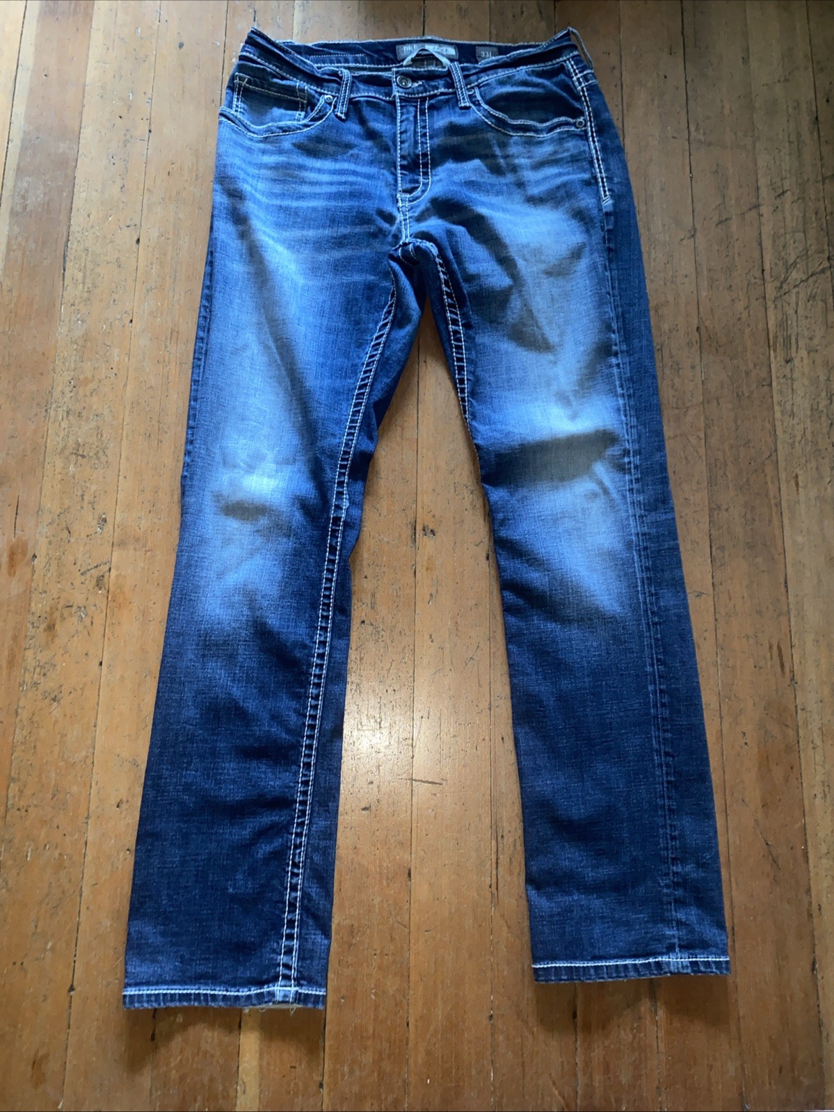 BKE Buckle Jake Mens 34×33 Thick Stitch Blue Denim Jeans Whiskers Stretch