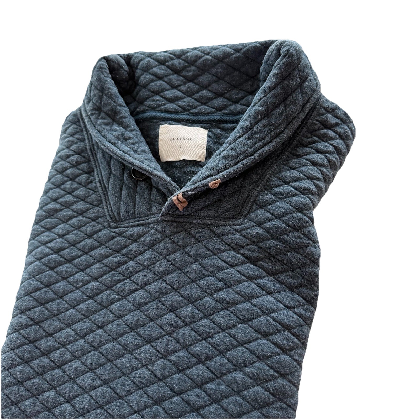 Billy Reid Quilted Sweater Men L Blue Pullover Cowl Shawl Neck Elbow Patches