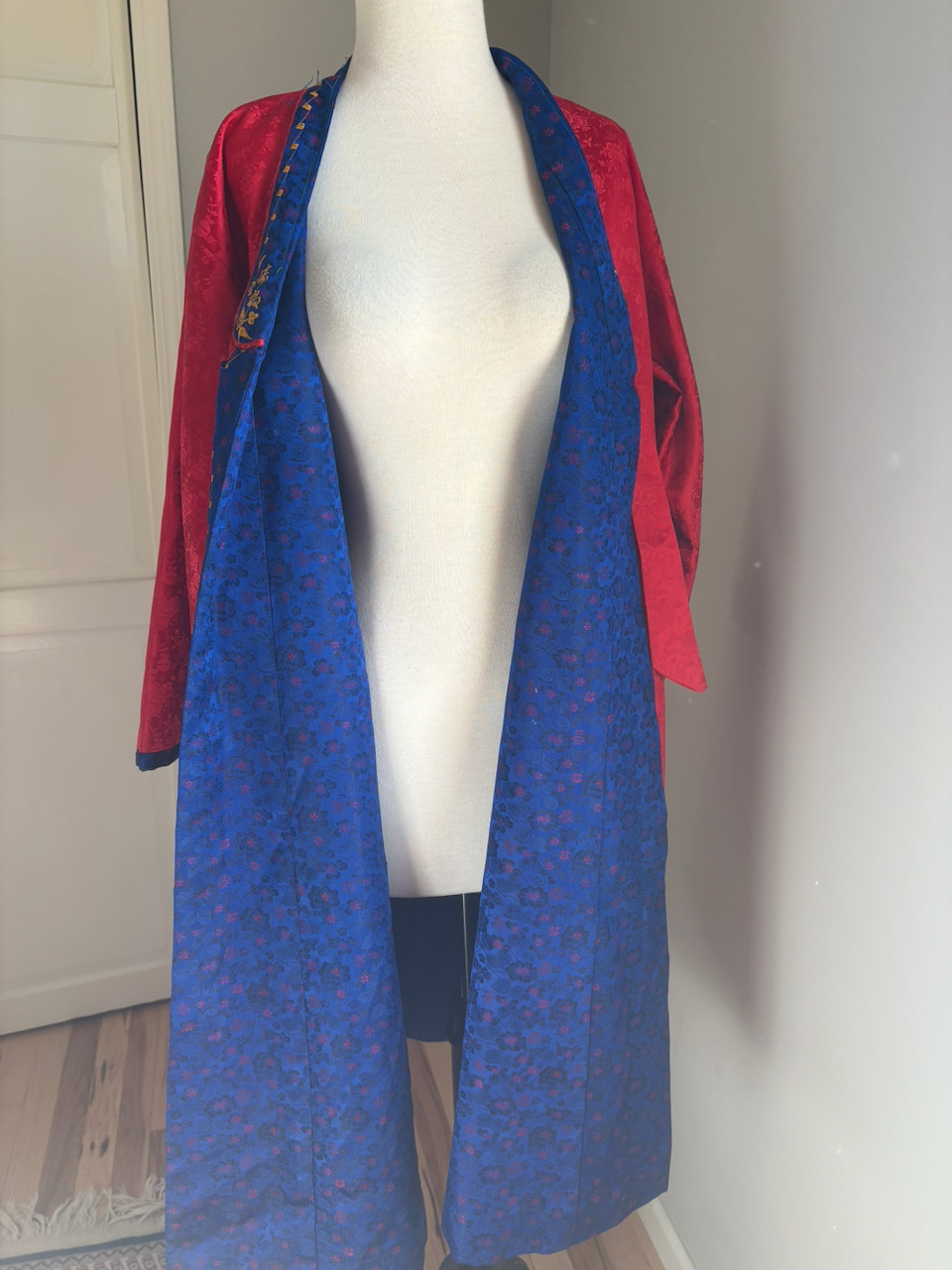 Vintage Korea Red Blue Brocade Embroidered Hanbok Durumagi Overcoat Traditional