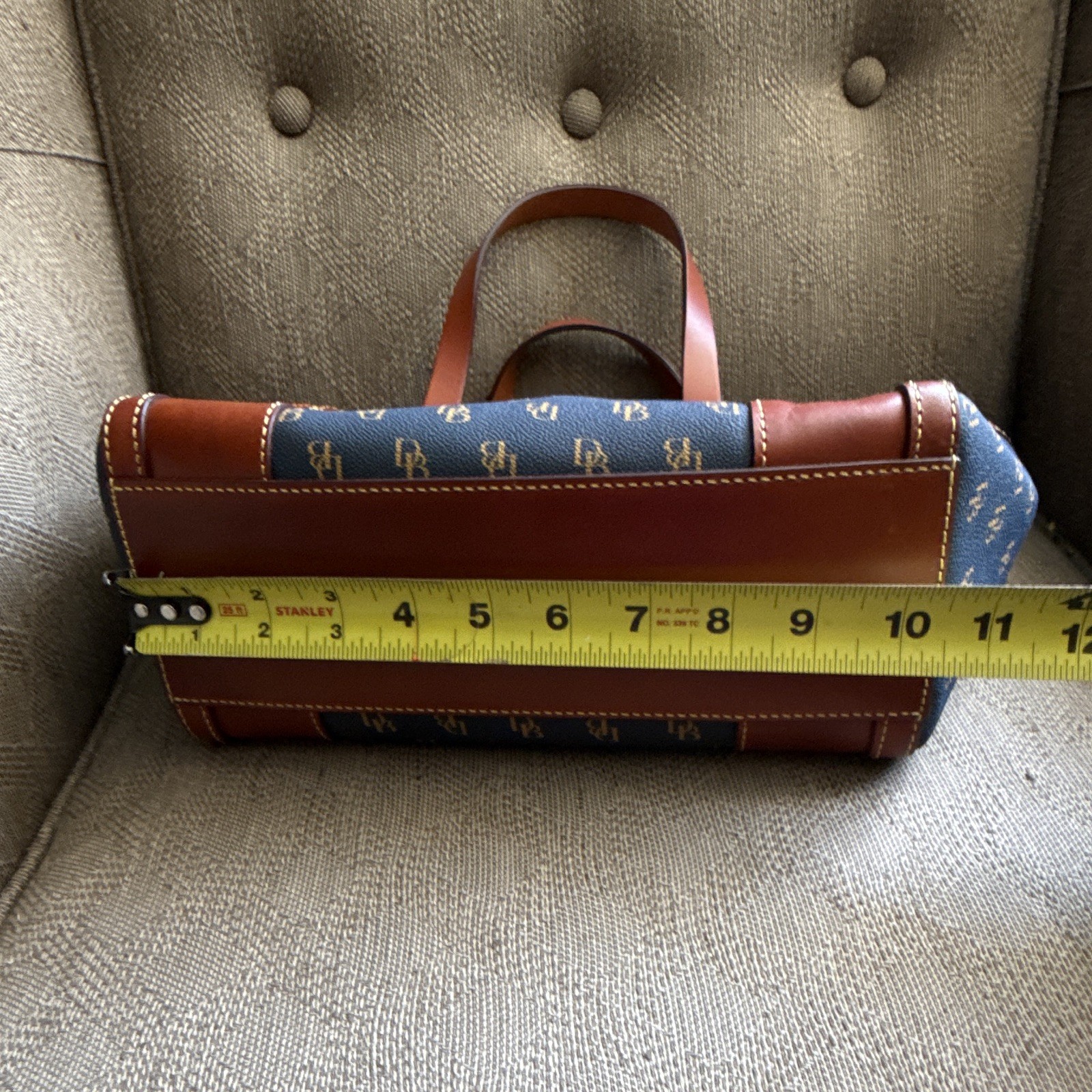 Dooney & Bourke Navy/Brown Monogram Zip Satchel, Strap, Gold Hardware, Pockets