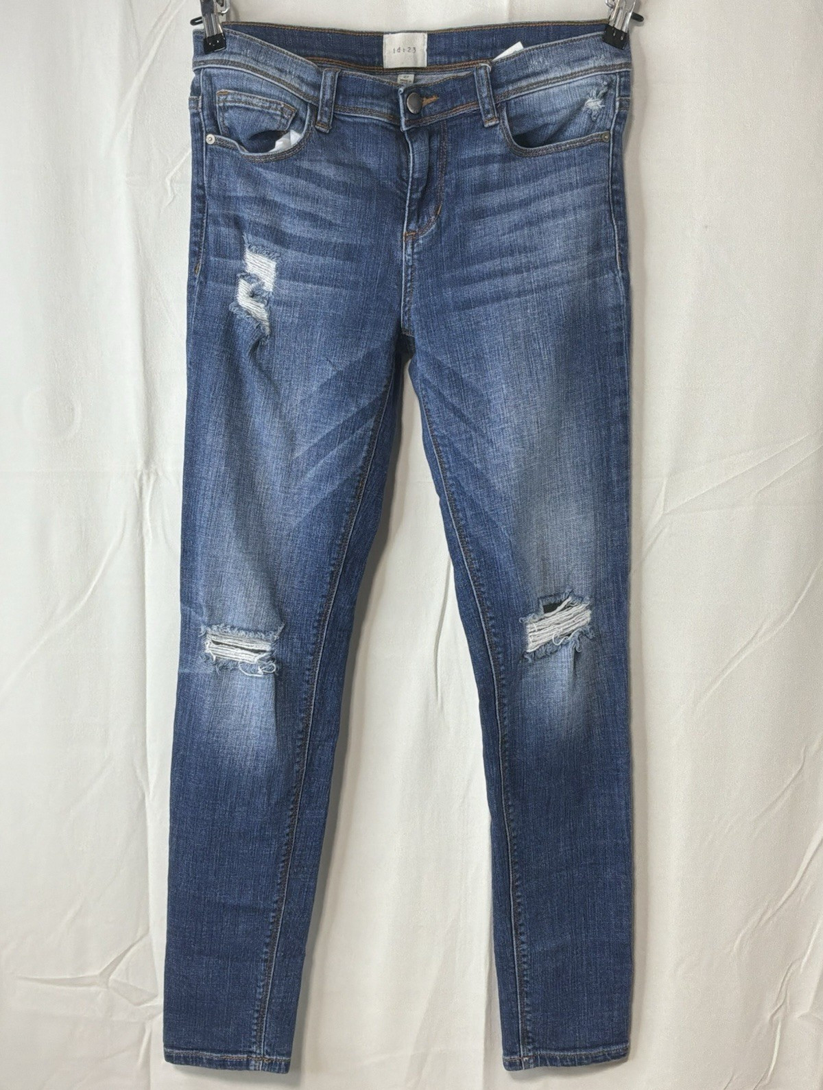 ID:23 Skinny Blue Denim Jeans Medium Wash Distressed 5-Pocket Button Women’s