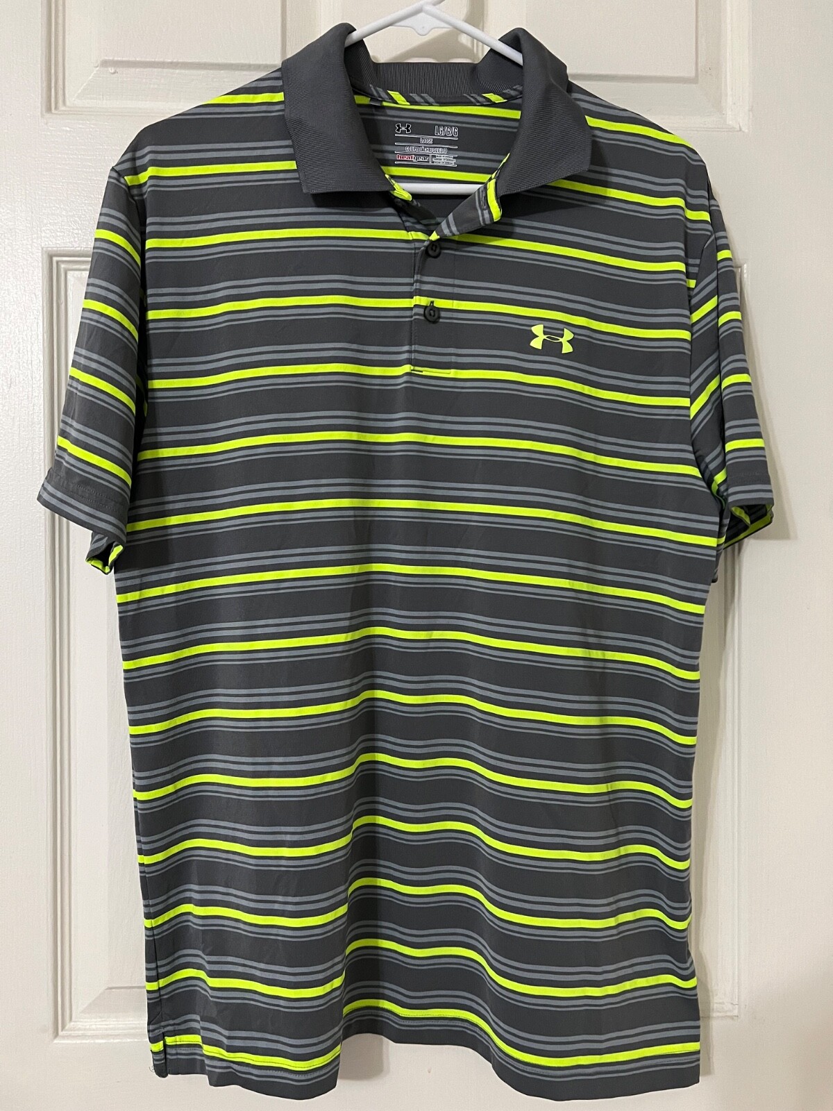 Under Armour Loose Short Sleeve Polo Shirt Heatgear Mens L Large EUC Gray Green