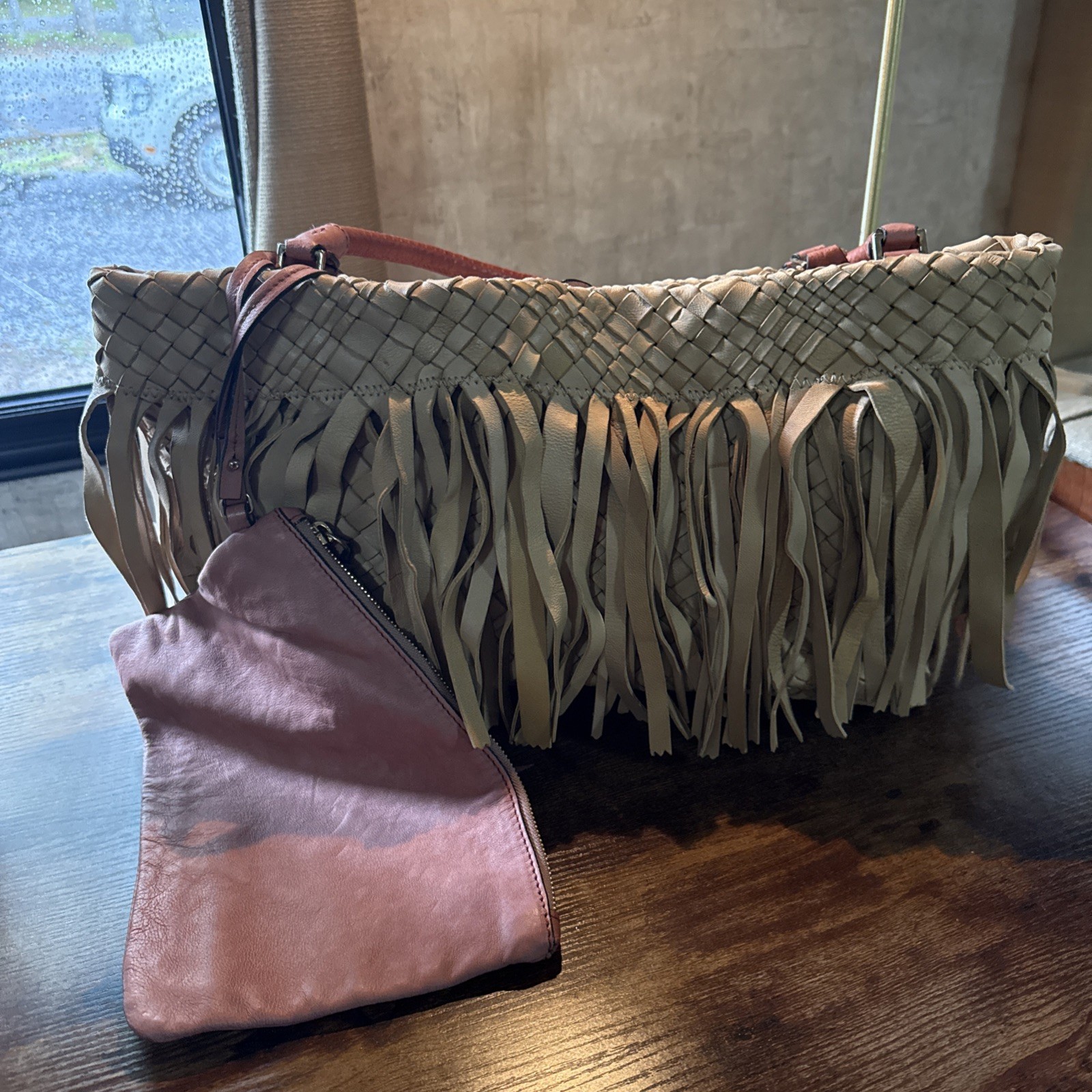 Falor Falorni F1261 Leather Woven Large Tote Fringe Bag & Wristlet M In Italy