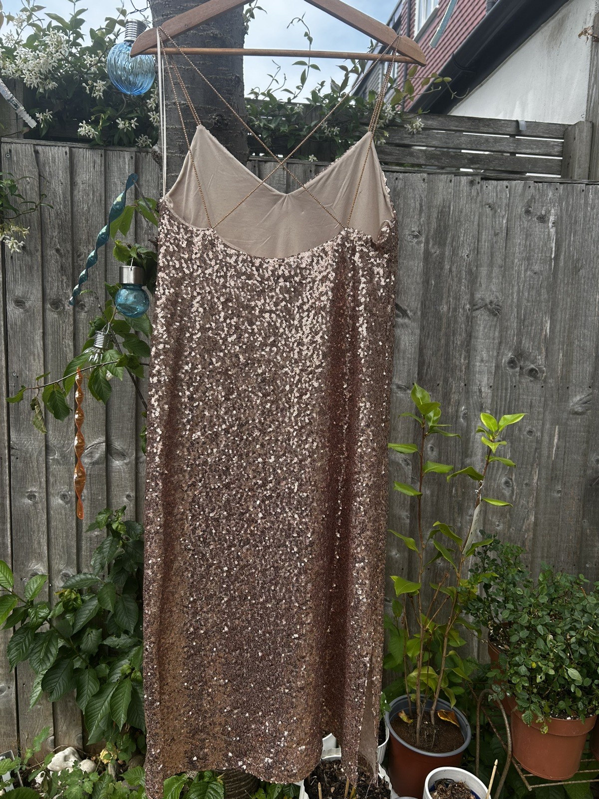 ZARA NUDE PINK LONG SEQUINED DRESS BEAD STRAPS FW16 SIZE M (MEDIUM) NEW TAGS