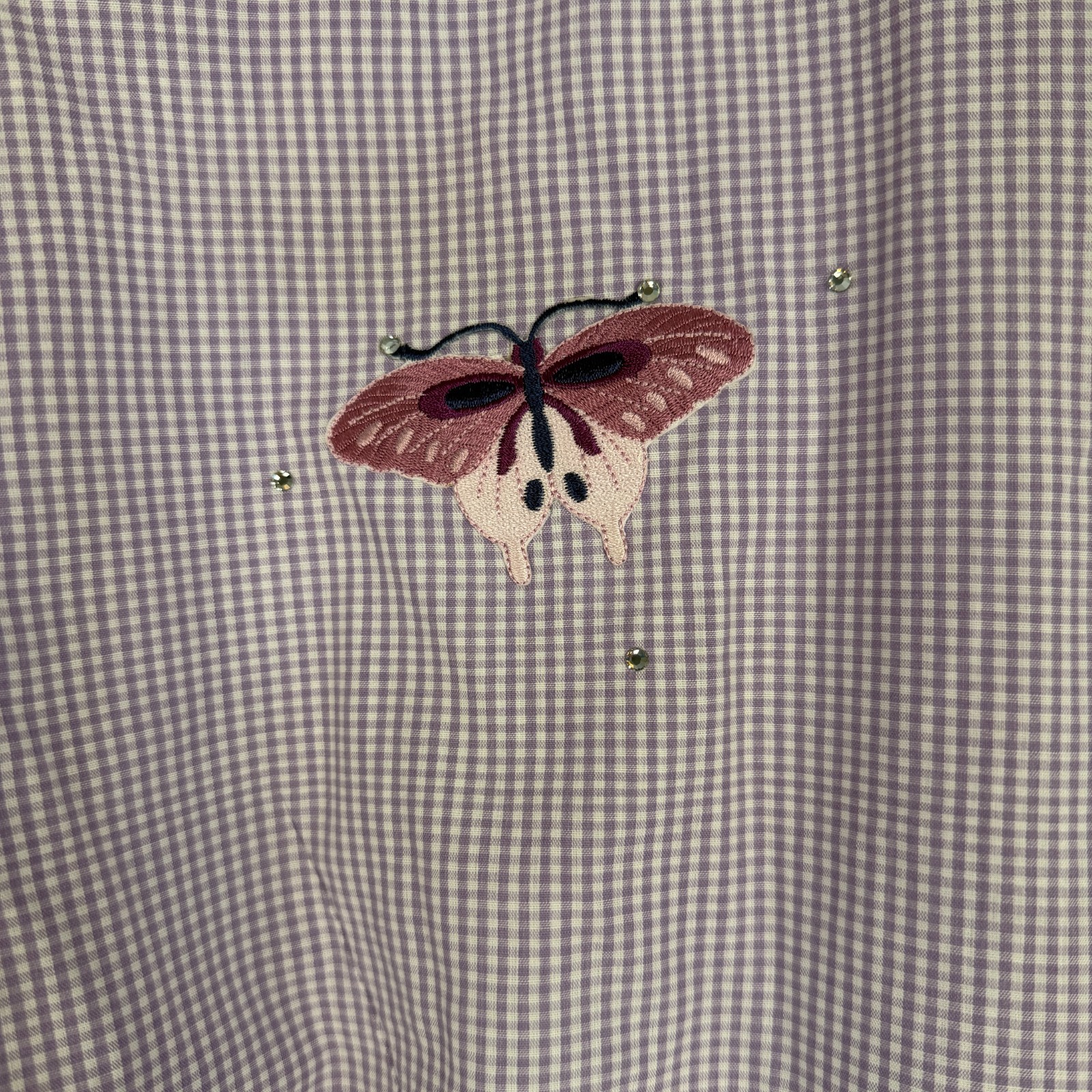 MILI DESIGNS Embroidered Blouse Top Womens Purple S Gingham Check Butterflies
